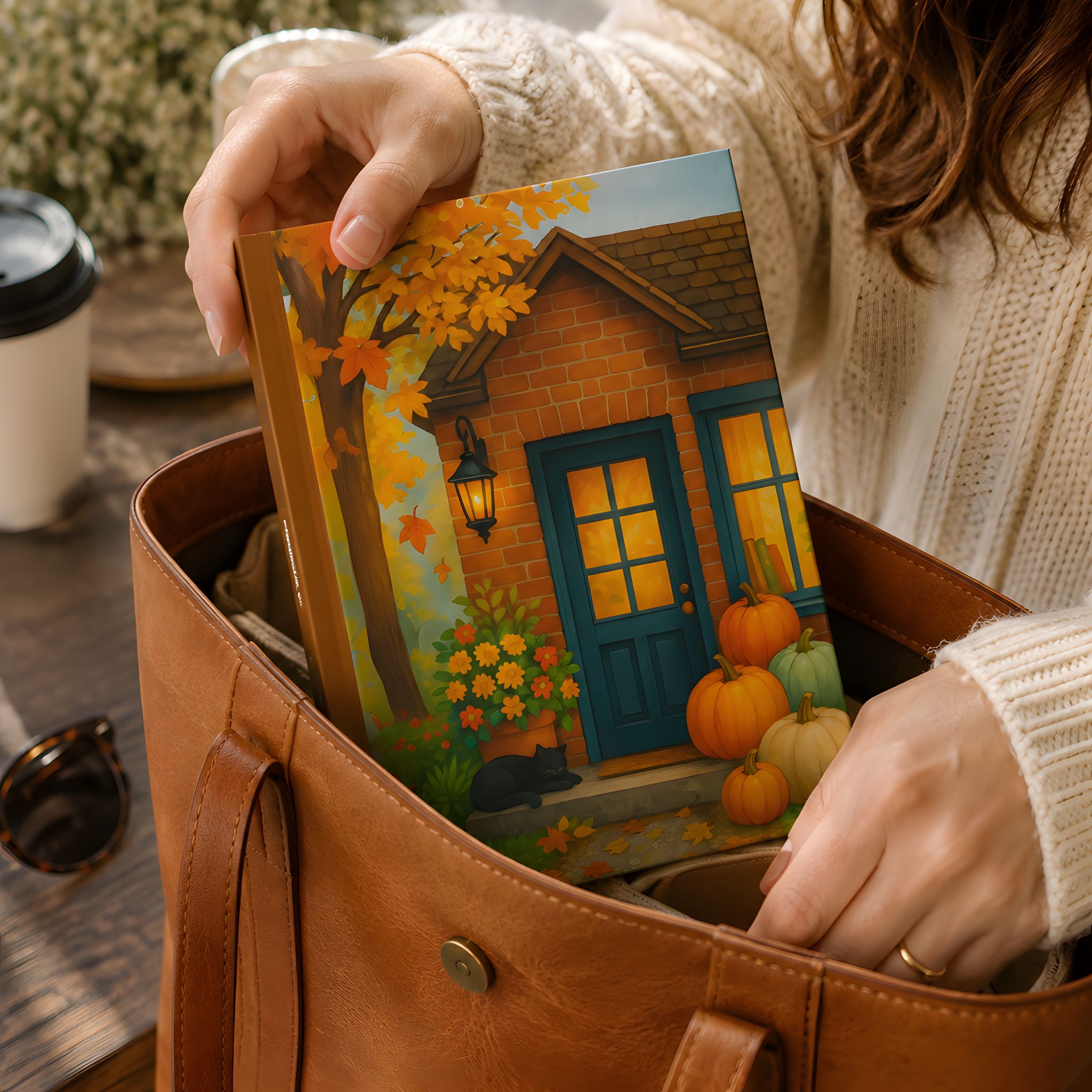 Woman placing 5.75 x 8 inch autumn cottage journal into a handbag.