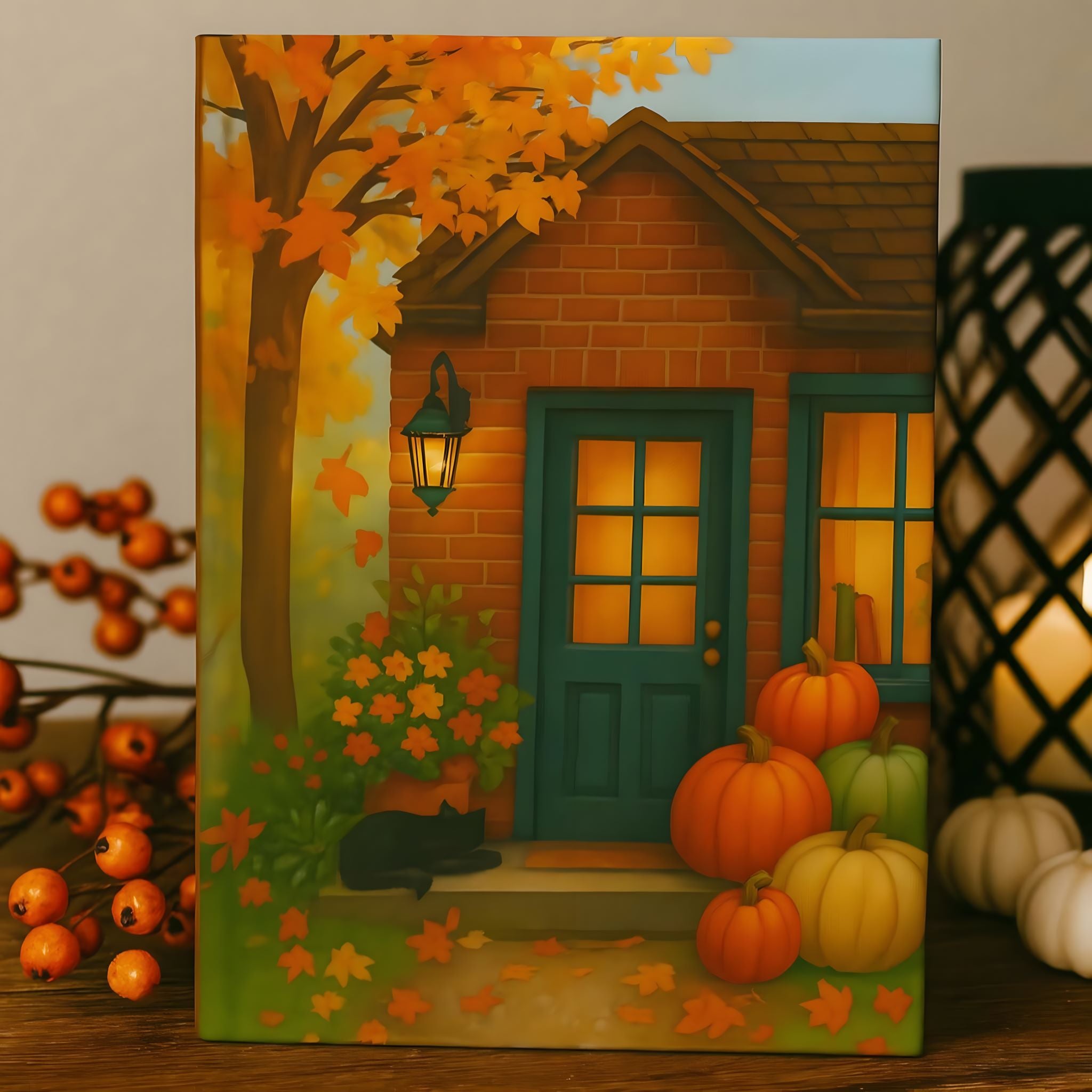 Autumn cottage journal artwork with teal doorway, pumpkins, golden leaves, and black cat.