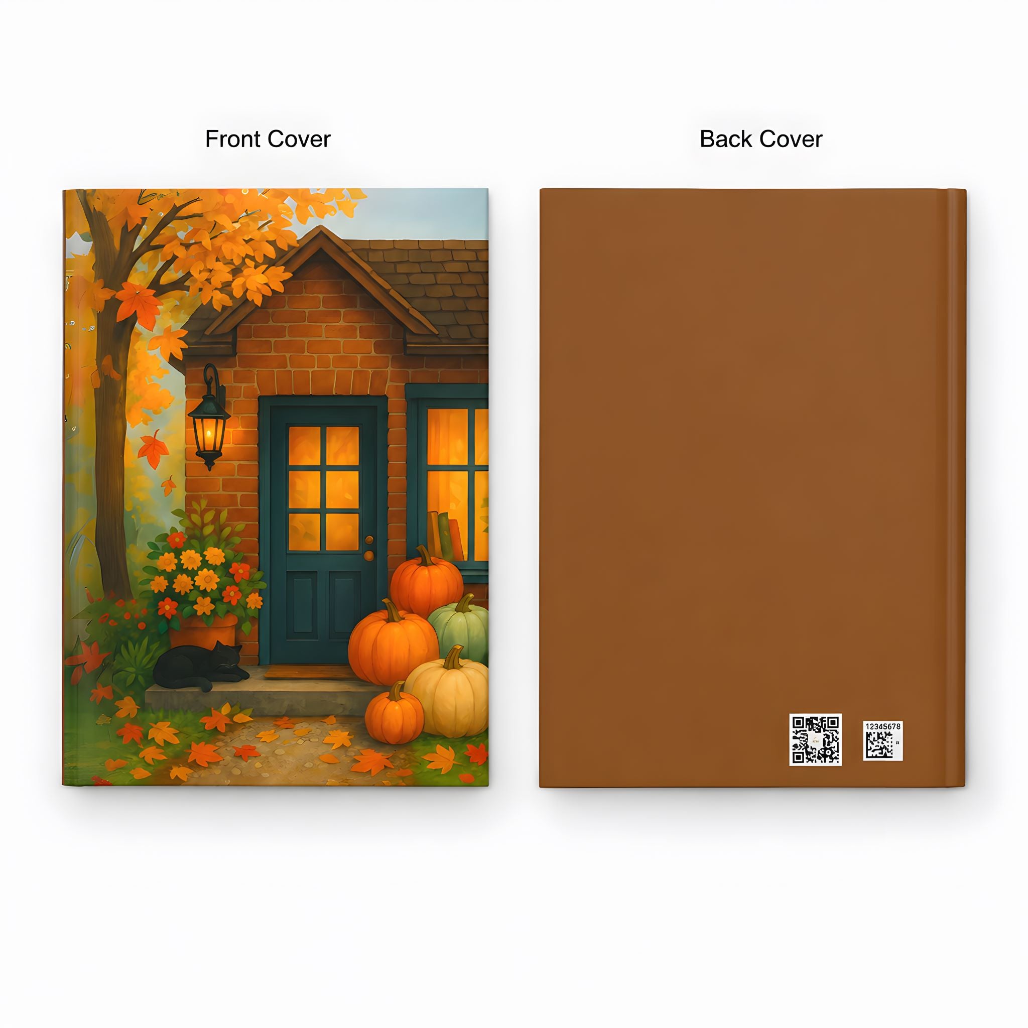 Front and back covers of Cozy Doorstep fall journal in hardcover with solid brown back cover.