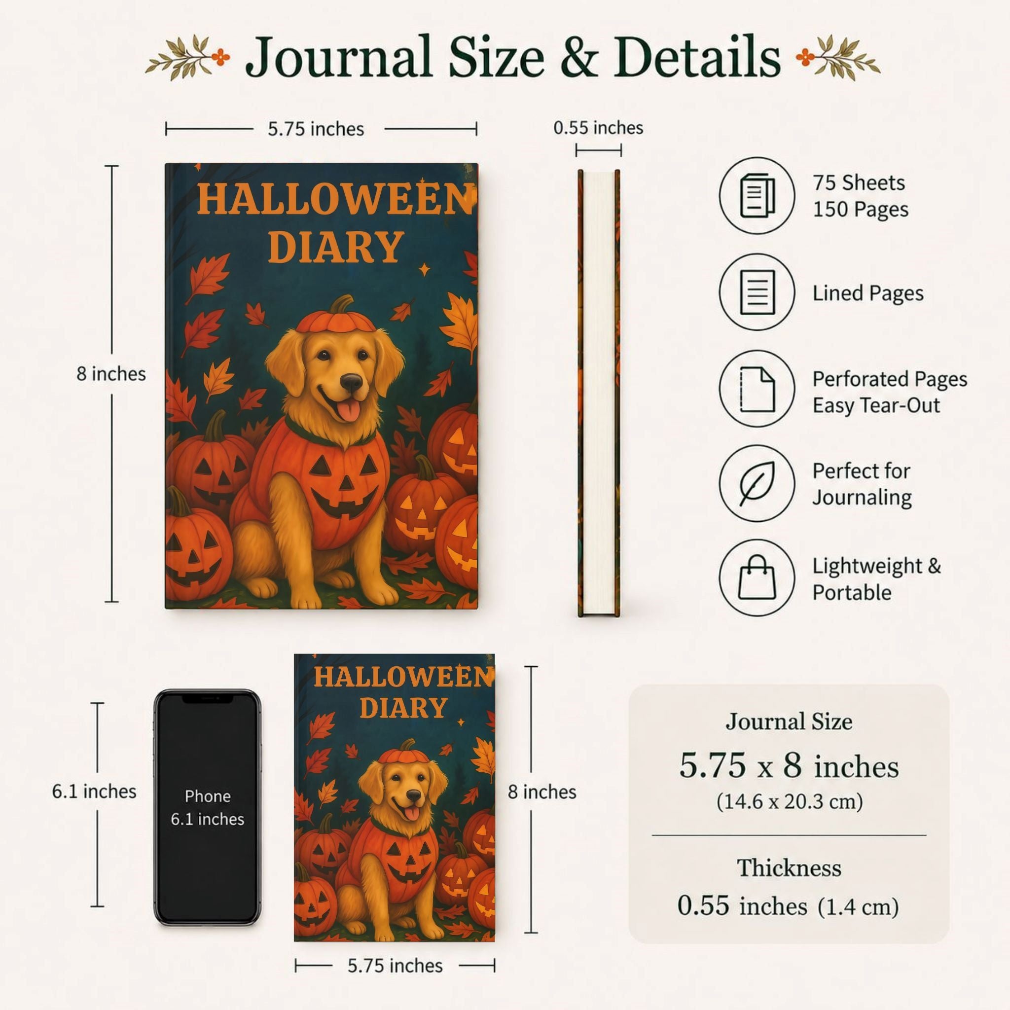 Halloween Diary journal size guide showing 5.75 x 8 inch hardcover details.
