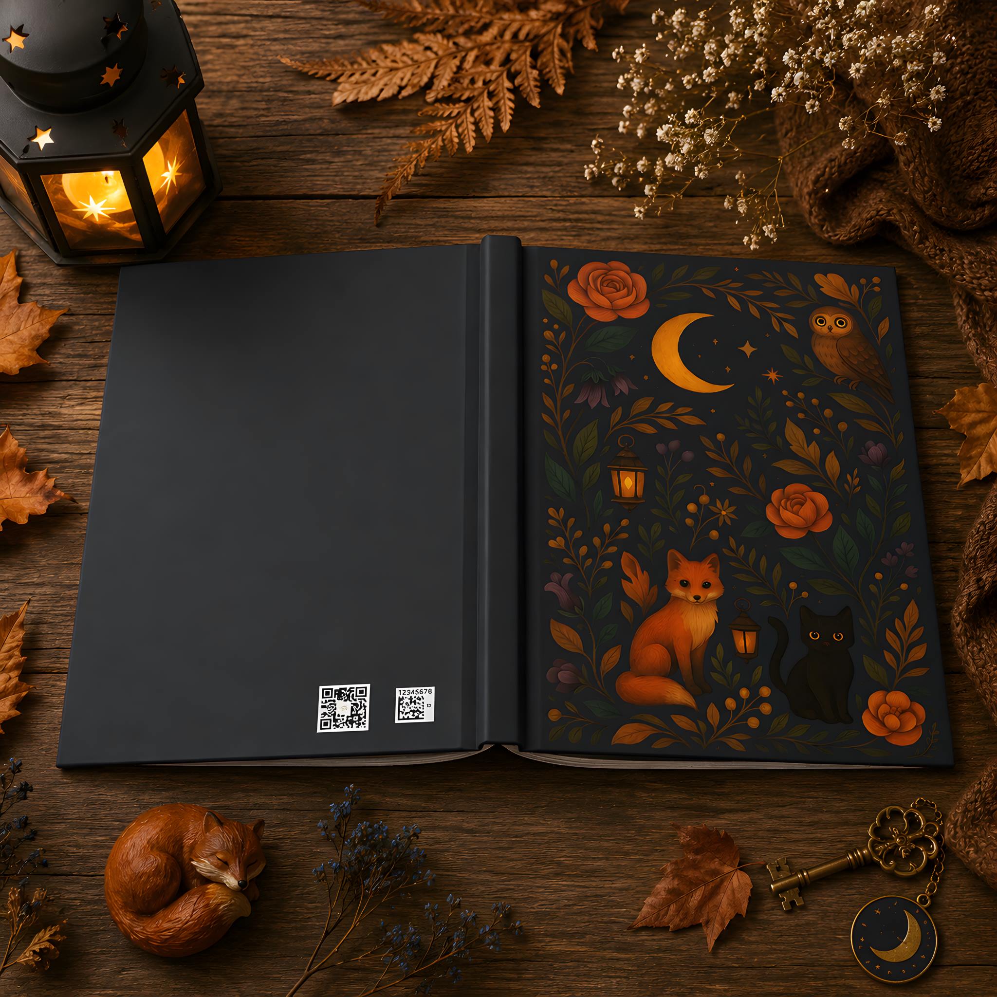 Open hardcover journal with a whimsigoth cover featuring animals and nature on a wooden surface with lantern and leaves.