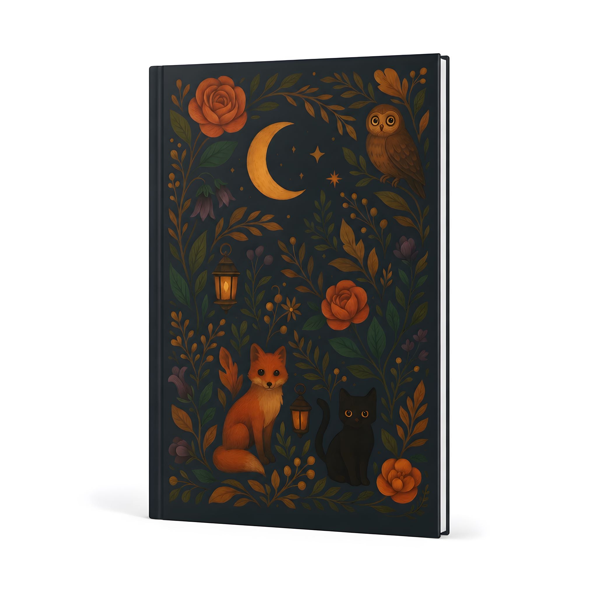 Moonwatch Whimsigoth lined journal with crescent moon, fox, black cat, owl, and florals.