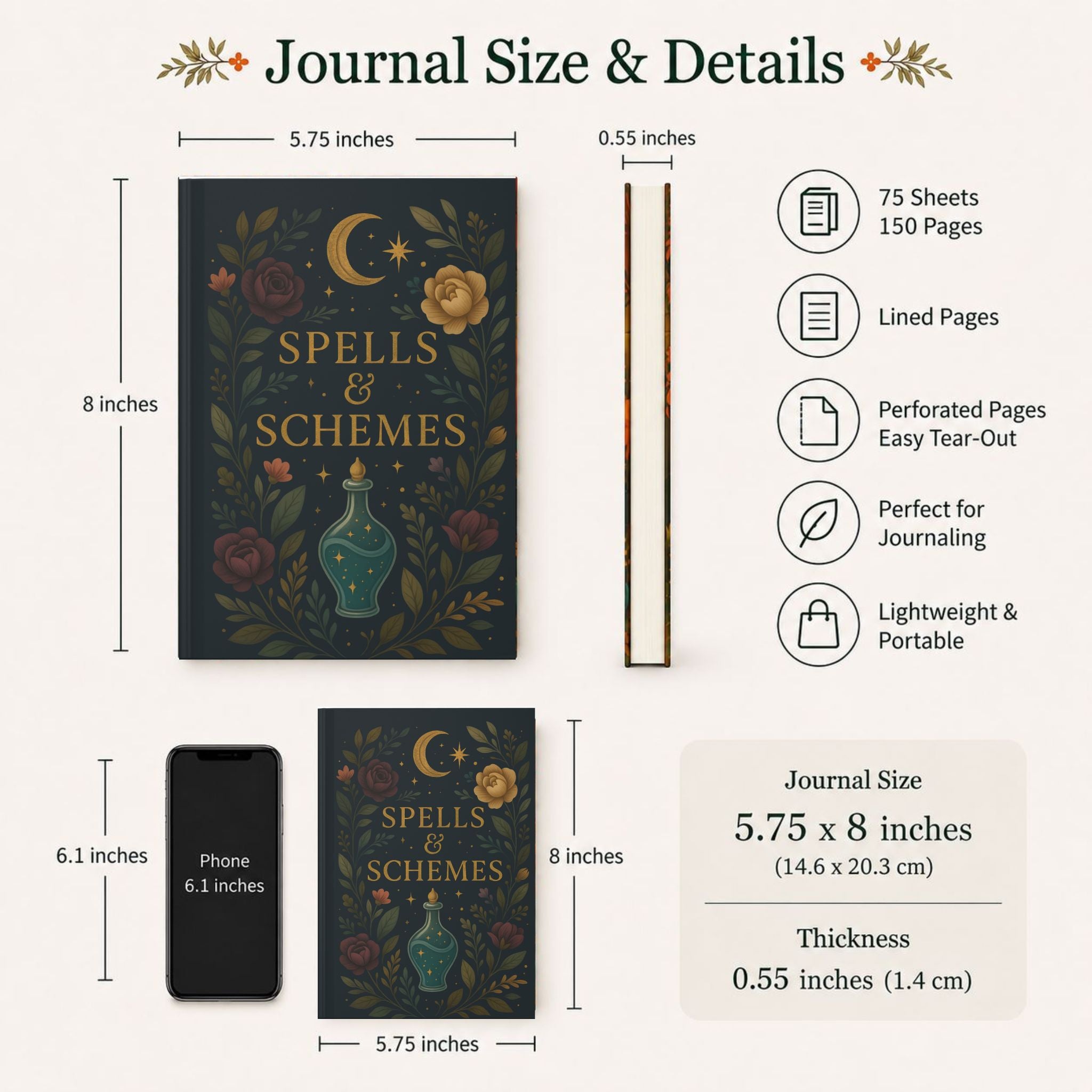 Witchy journal titled 'Spells & Schemes' with dimensions, features, and size details on a white background.