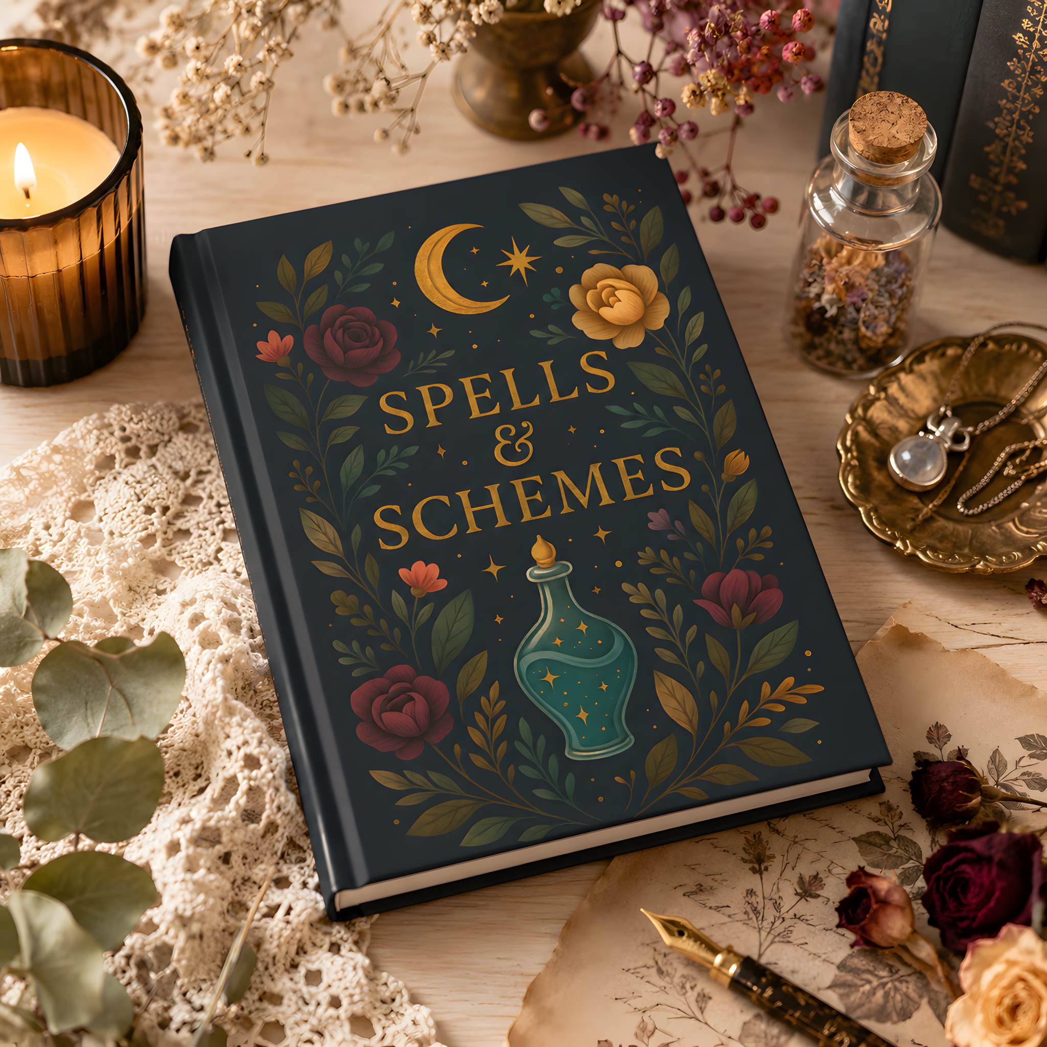 Witchy journal titled 'Spells & Schemes' with decorative cover on a whimsigoth table with candles and flowers.