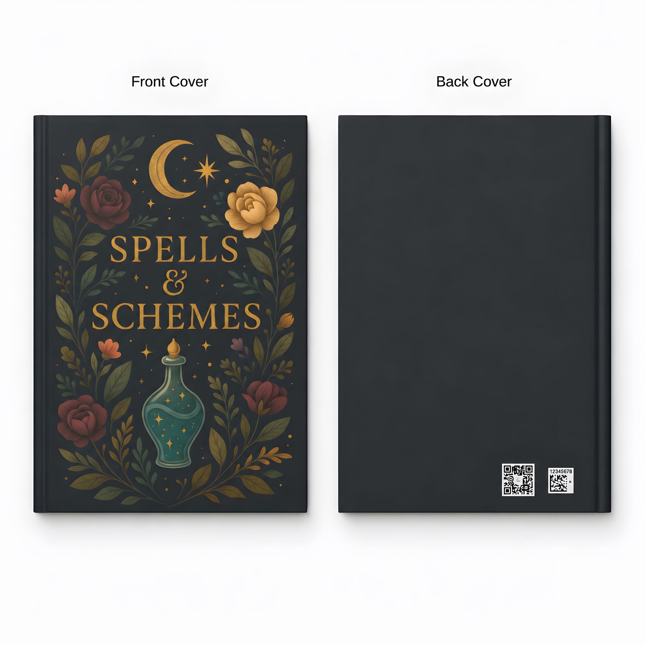 Front and back covers of Whimsigoth hardcover journal with the title spells and schemes.