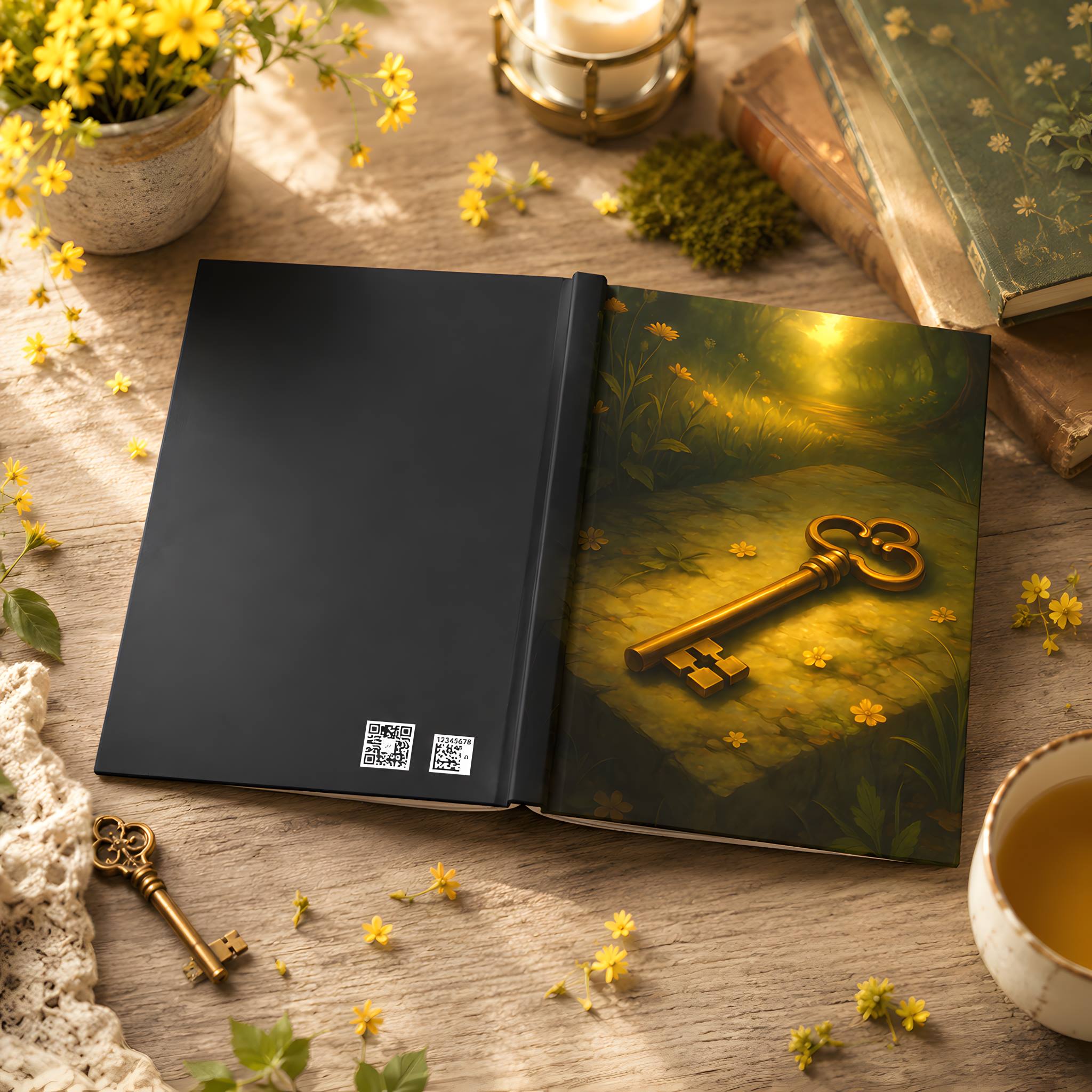 Open hardcover journal with a key illustration on a cottage table with flowers and a candle.