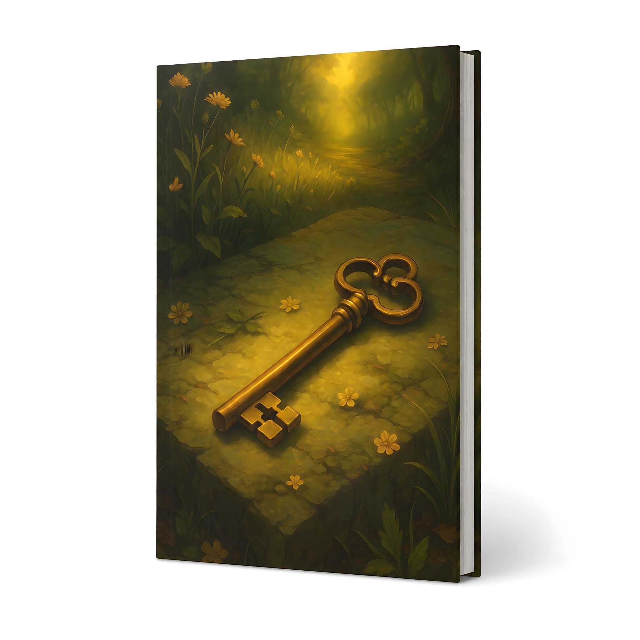 Hardcover journal with a golden secret key and mystical landscape.