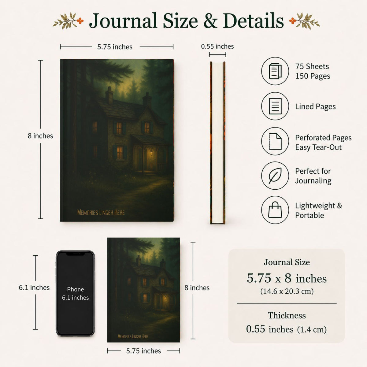Memories Linger journal size guide showing 5.75 x 8 inch hardcover details.
