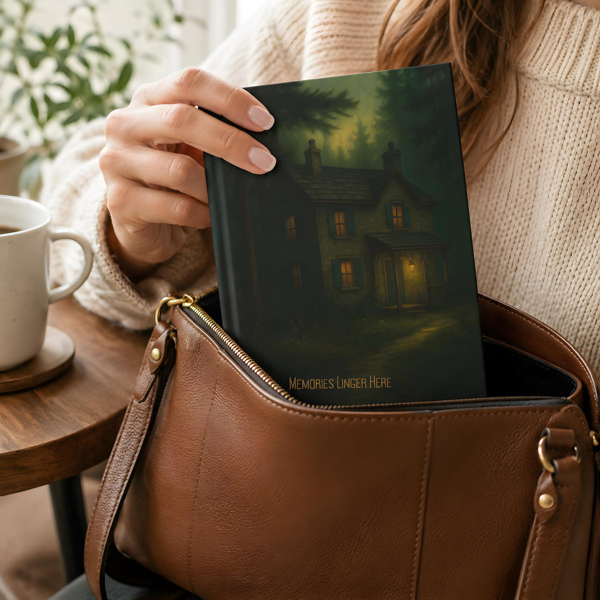 Woman placing dark cottage hardcover journal into a handbag