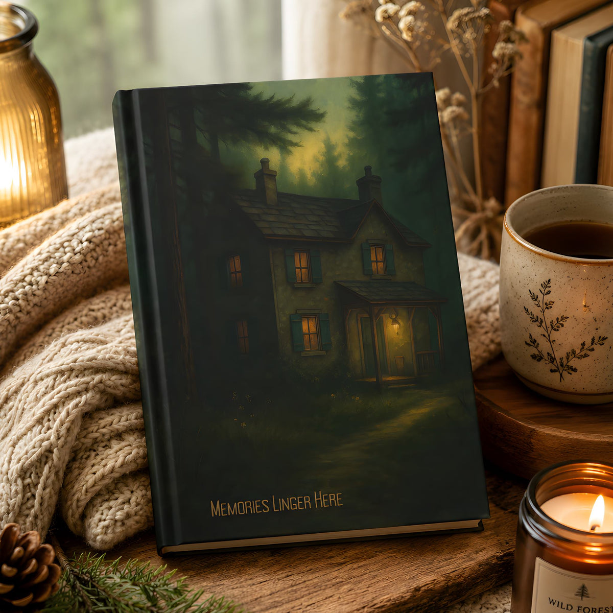 Dark cottage hardcover journal styled with candlelight and warm tabletop decor.