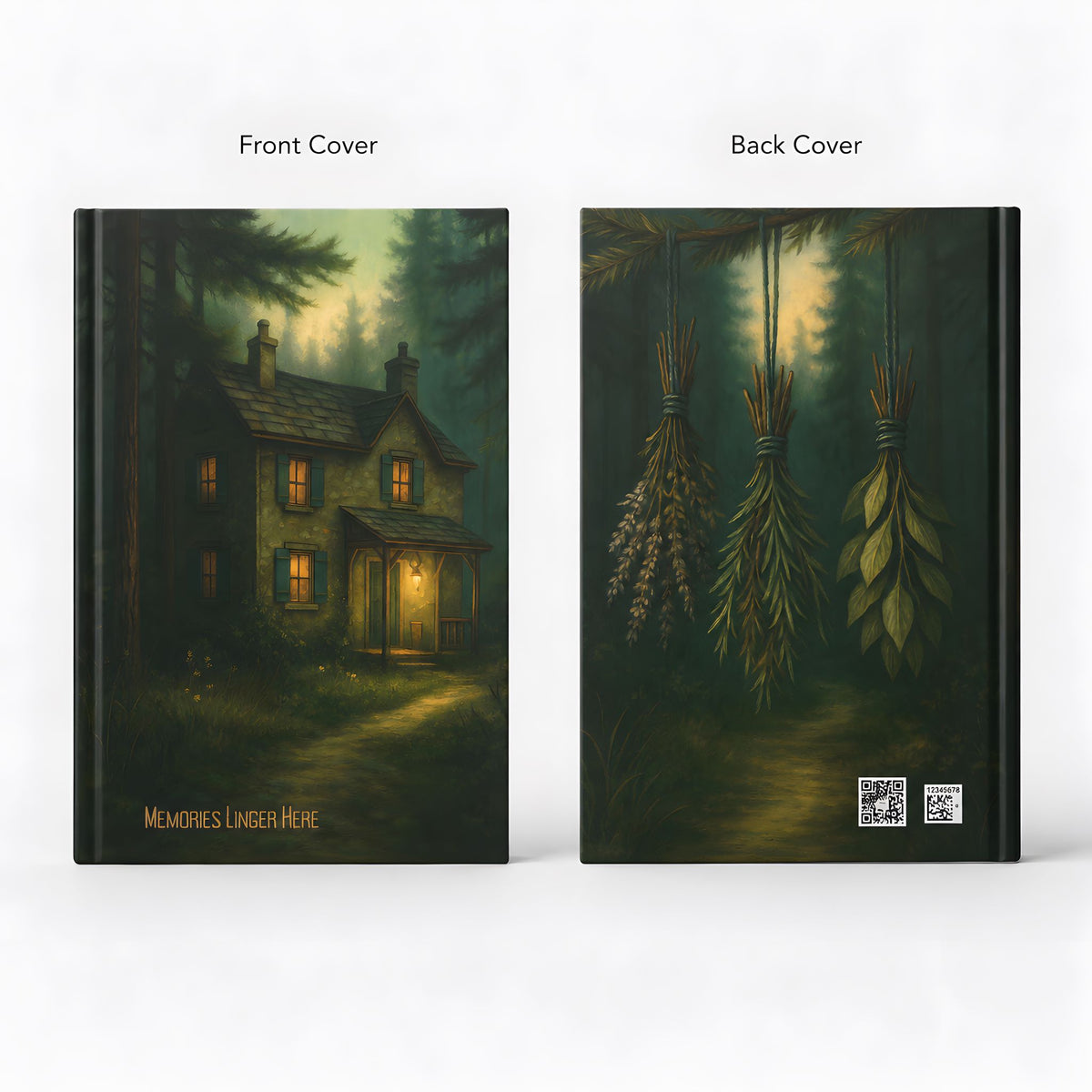 Front and back covers of Memories Linger dark cottage hardcover journal.