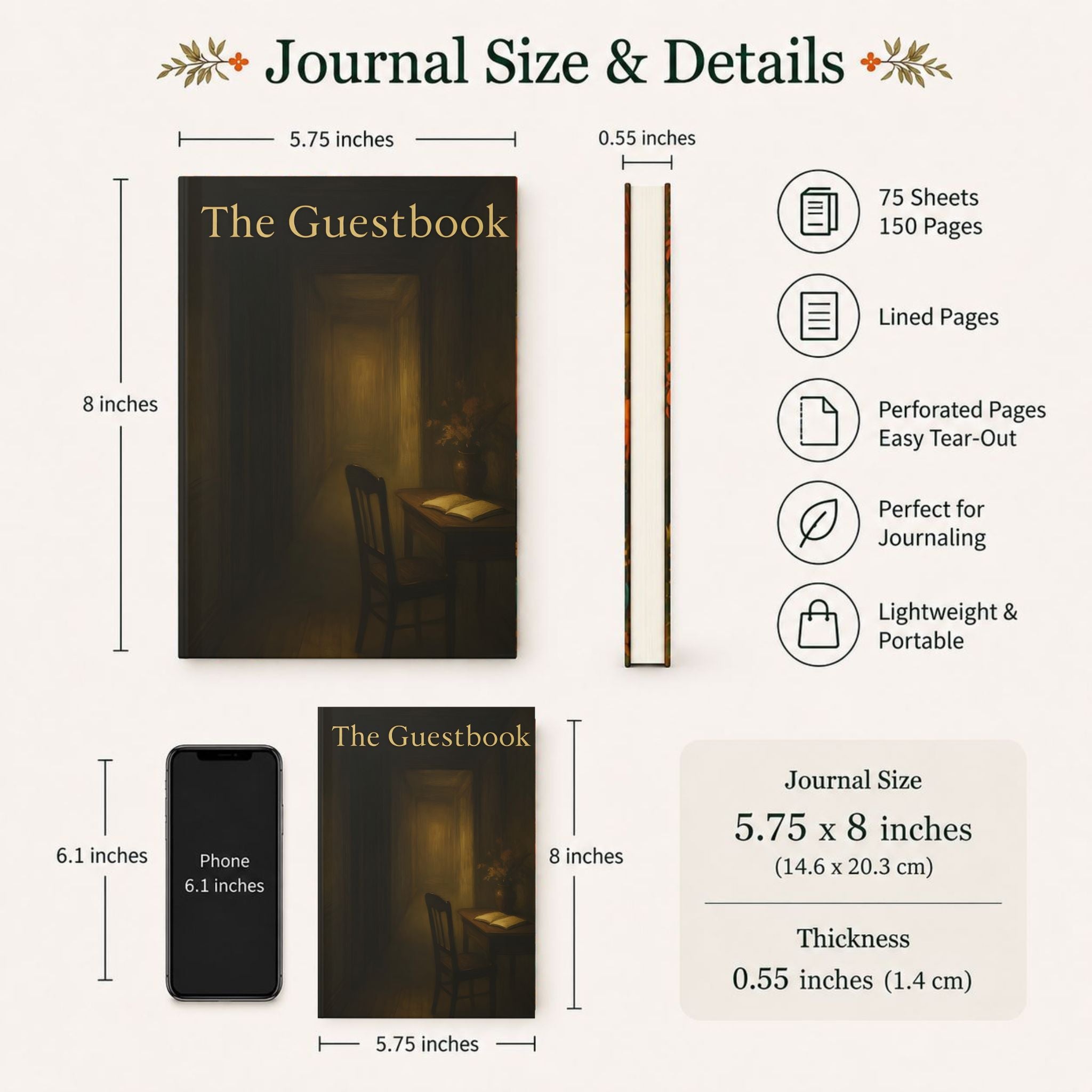 The Guestbook journal size guide showing 5.75 x 8 inch hardcover details.