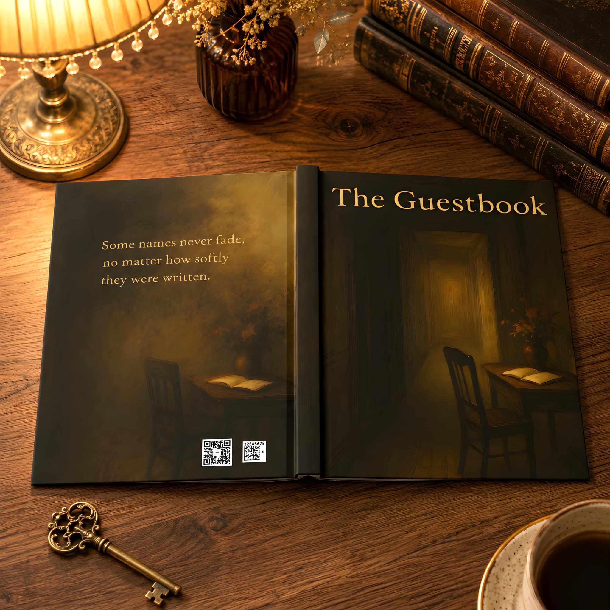 The Guestbook journal styled with back cover, candlelight, and dark academia desk decor.