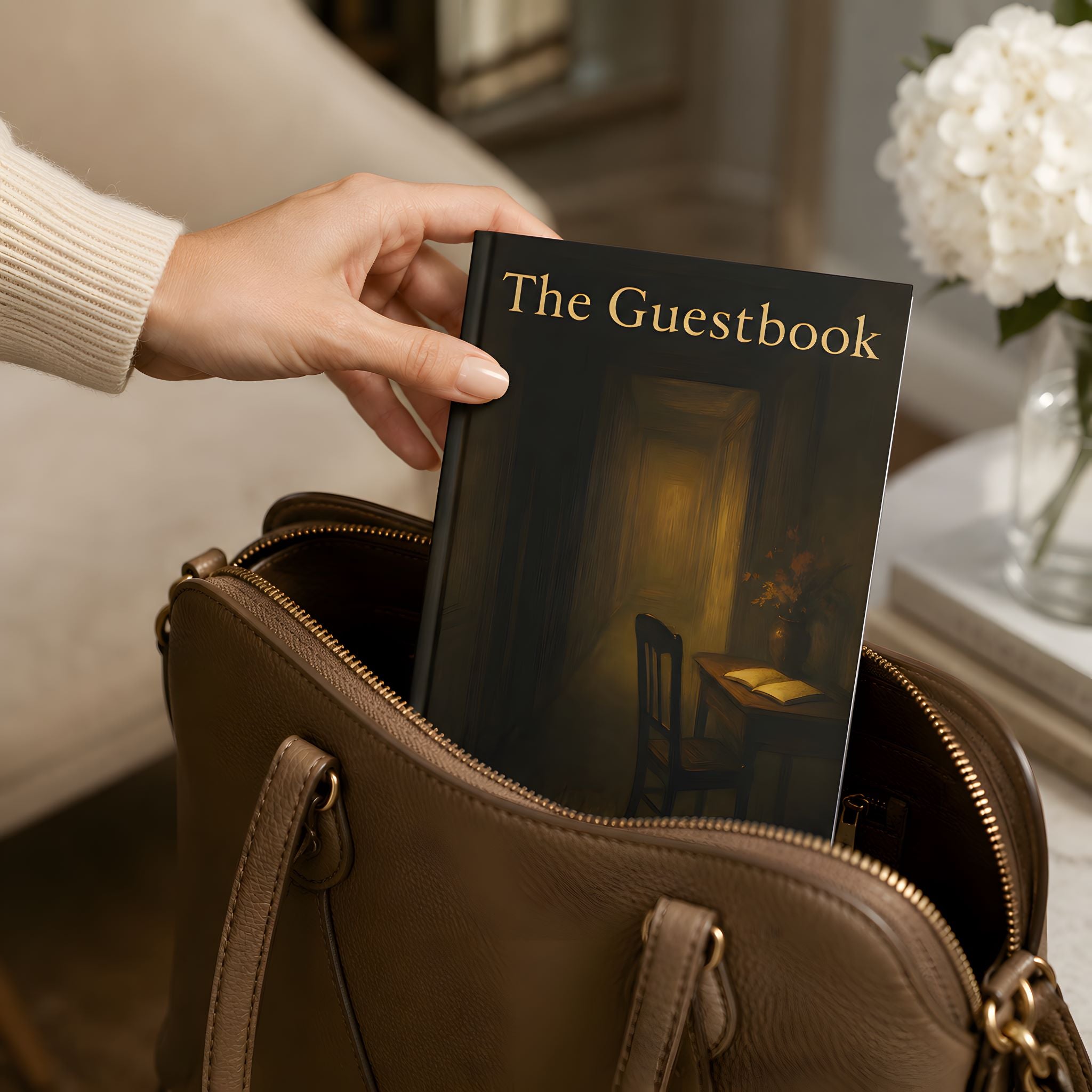 Woman placing dark academia hardcover journal into a handbag.