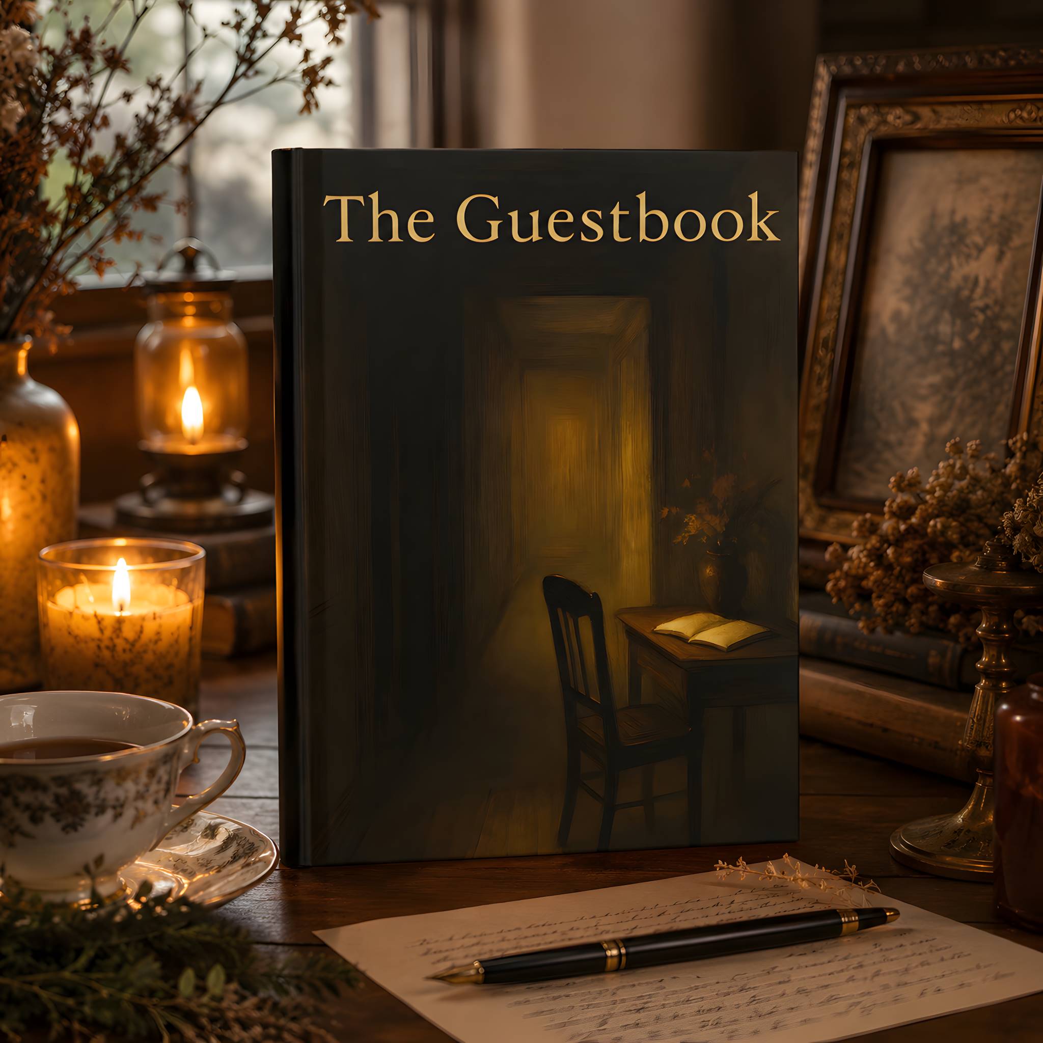 The Guestbook hardcover journal styled with candlelight, book, and moody study decor.