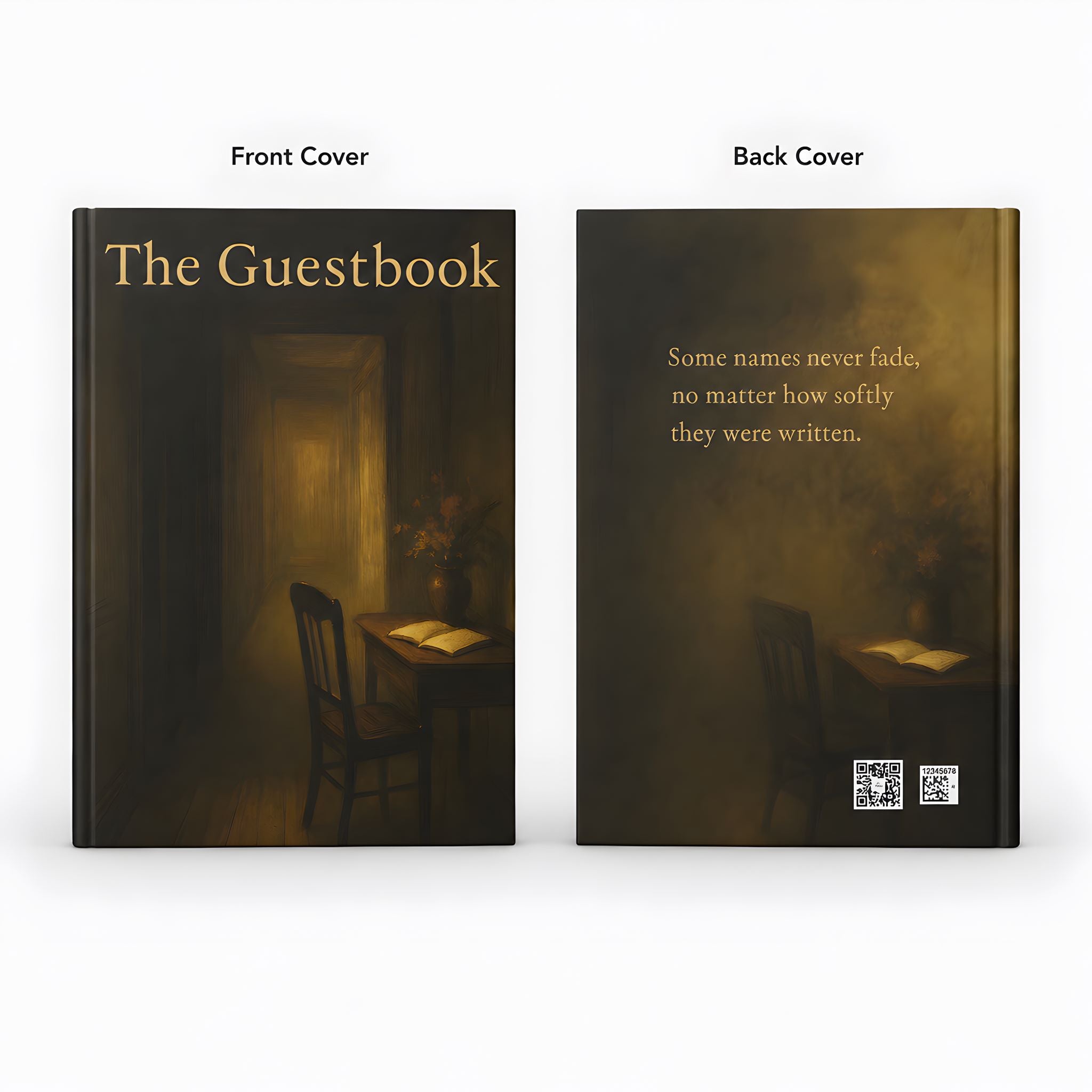 Front and back covers of The Guestbook dark academia hardcover journal.