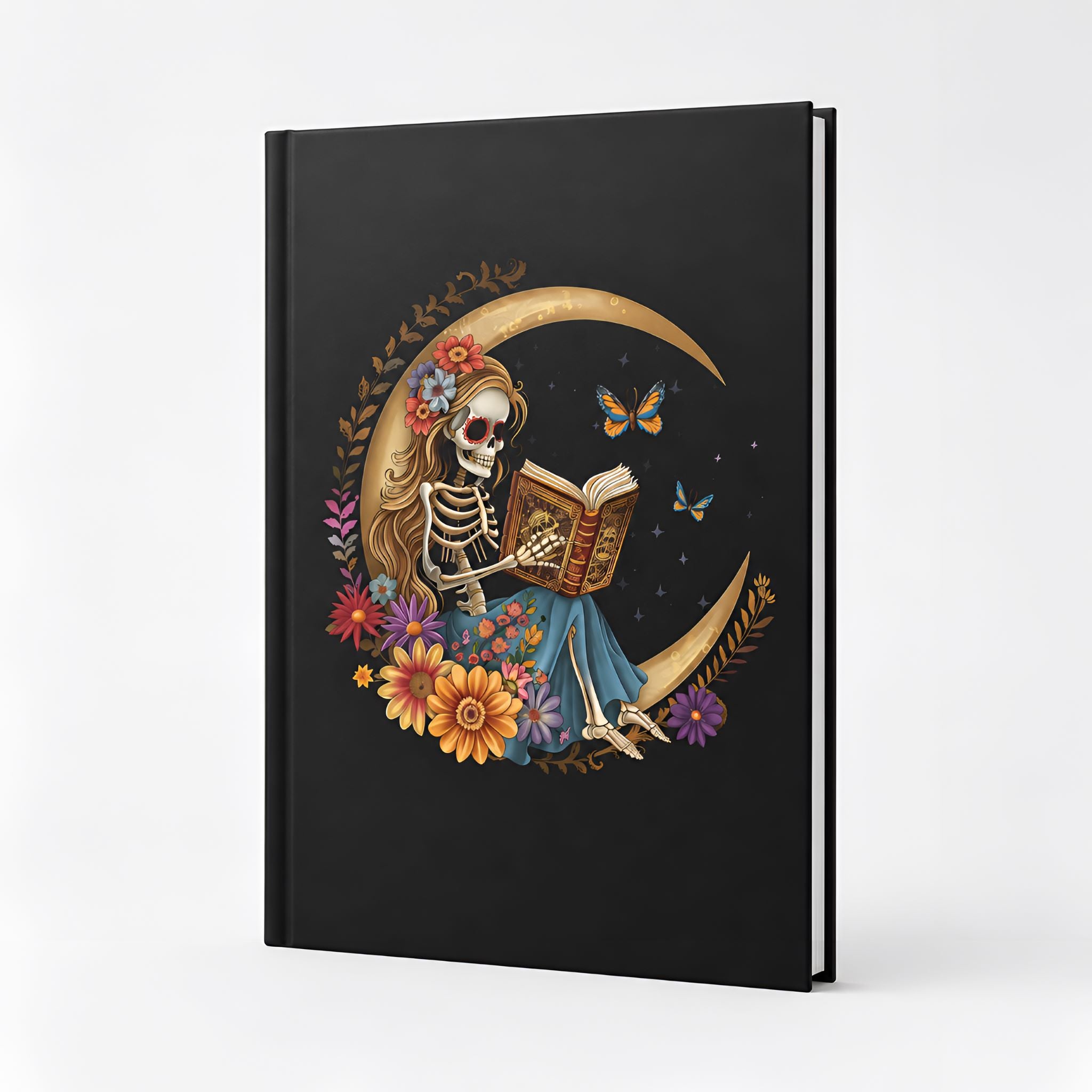 Skeleton Woman Whimsigoth hardcover journal with crescent moon, flowers, butterflies, and book.