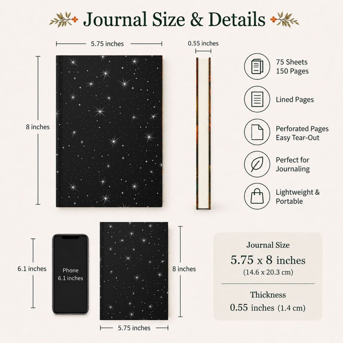 Black star journal with dimensions and features on a white background