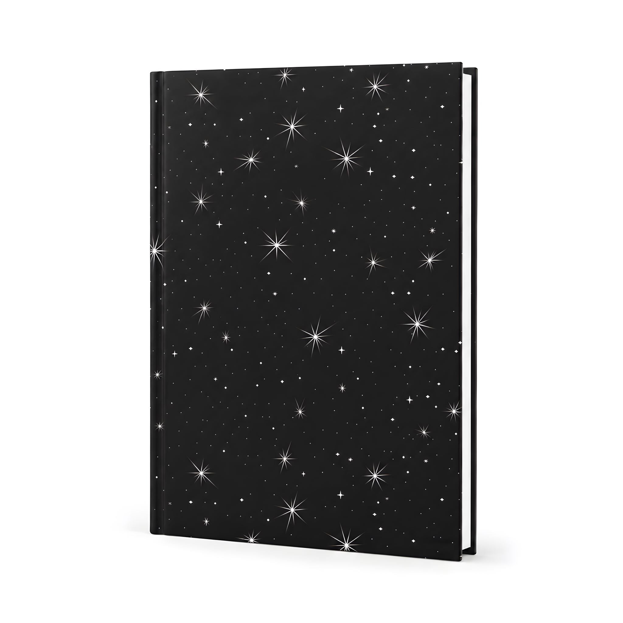 Black star hardcover journal with celestial pattern on a white background