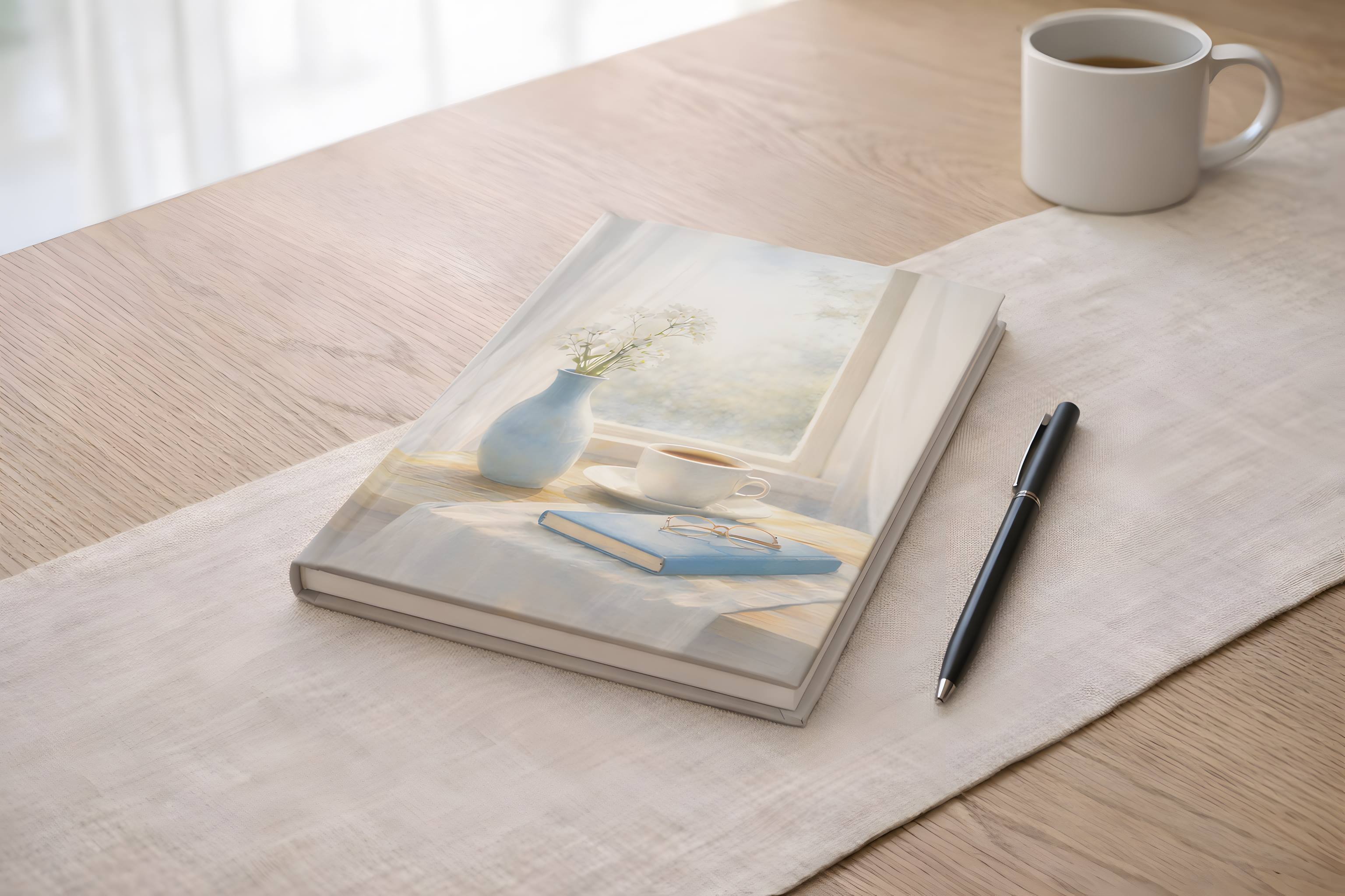 6x8 inch cottage journal with a pen and a cup of coffee on a wooden table