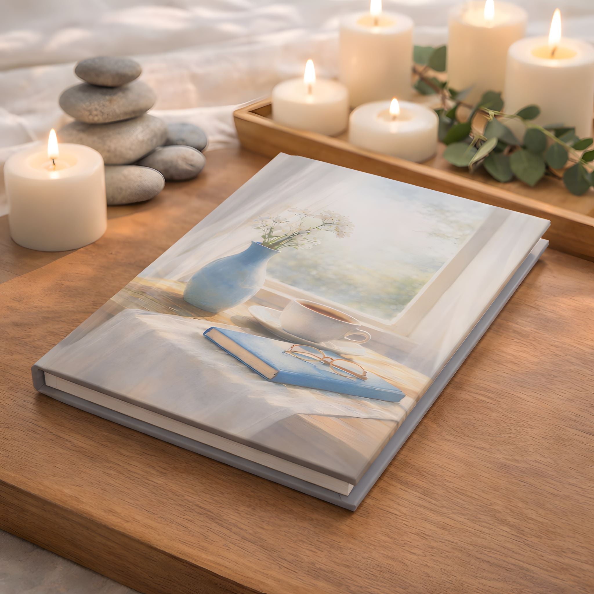 Writing journal with a relaxing cover featuring a vase and book with spa cottage home decor.