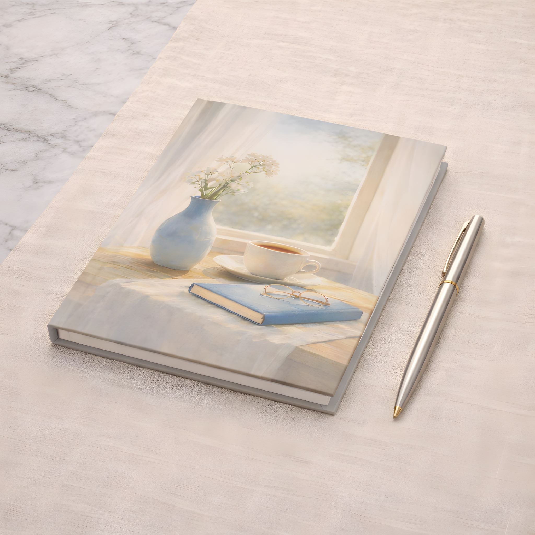 Closed writing journal with a cottage style cover on a marble surface with a pen next to it.