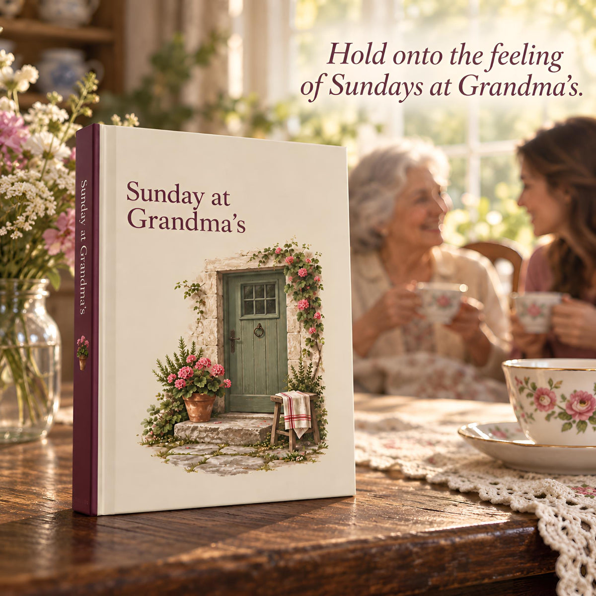 A hardcover notebook titled 'Sunday at Grandma's' stands on a wooden table in a cozy, sunlit kitchen scene. The cover shows an illustration of a green door framed by pink flowers and climbing vines.