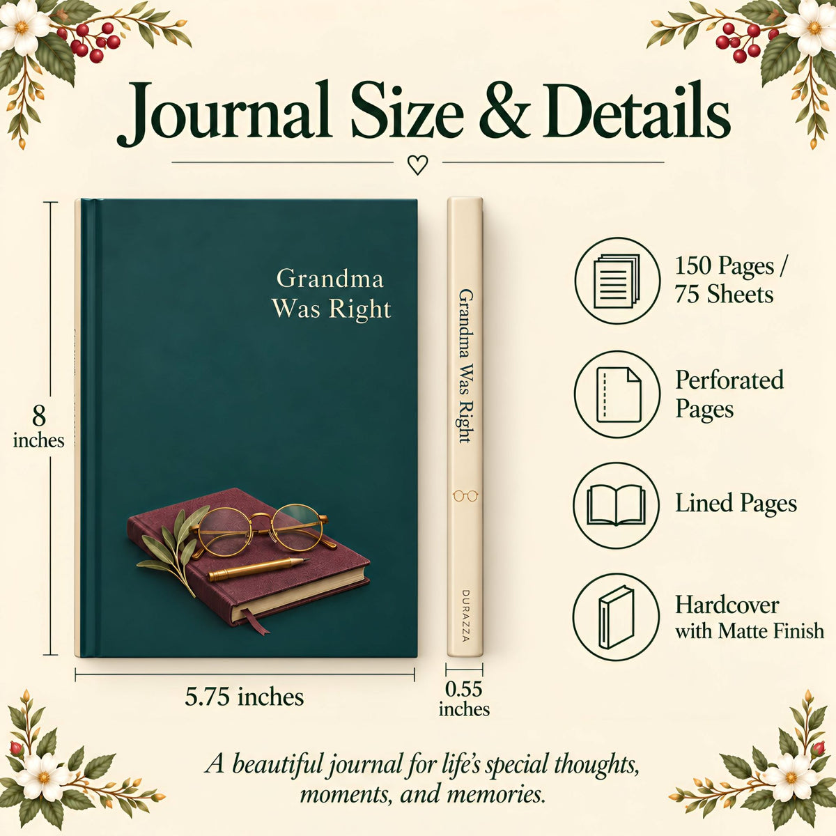 A product infographic for a hardcover journal titled 'Grandma Was Right' on a cream background with floral corner decorations. The main product shown is the closed journal cover in dark teal with a small stack of books and glasses illustration, alongside a narrow spine view.