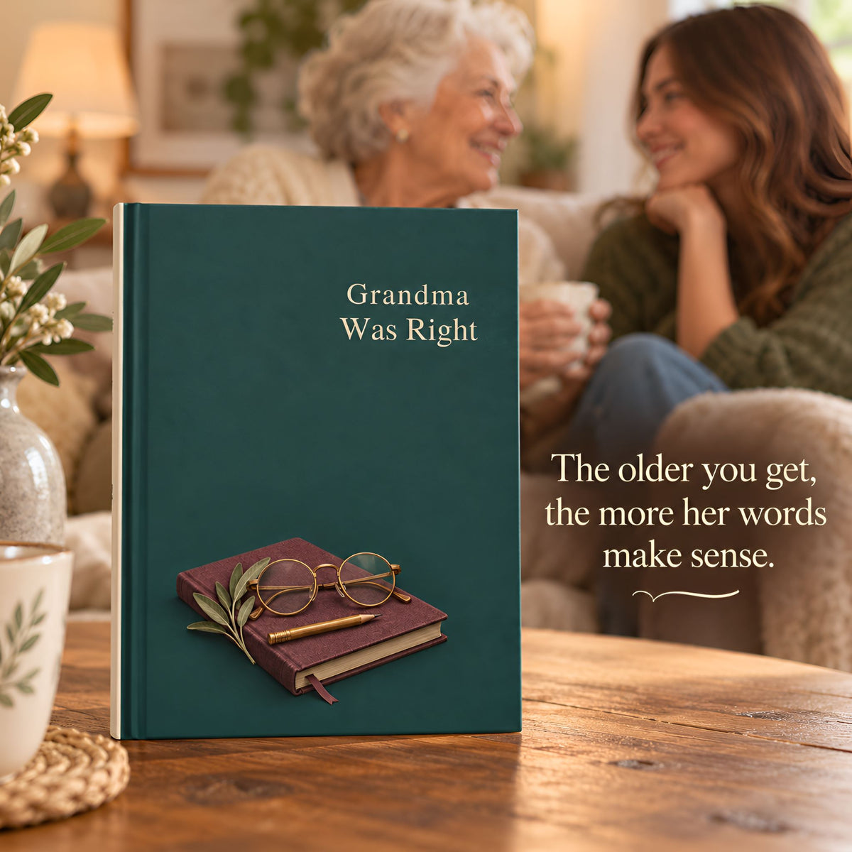 A hardcover journal titled 'Grandma Was Right' stands on a wooden table in a cozy living room setting, with an older woman and a younger woman smiling in the background. The book cover is dark teal with a photo of glasses and a small book, and the text reads 'The older you get, the more her words make sense.