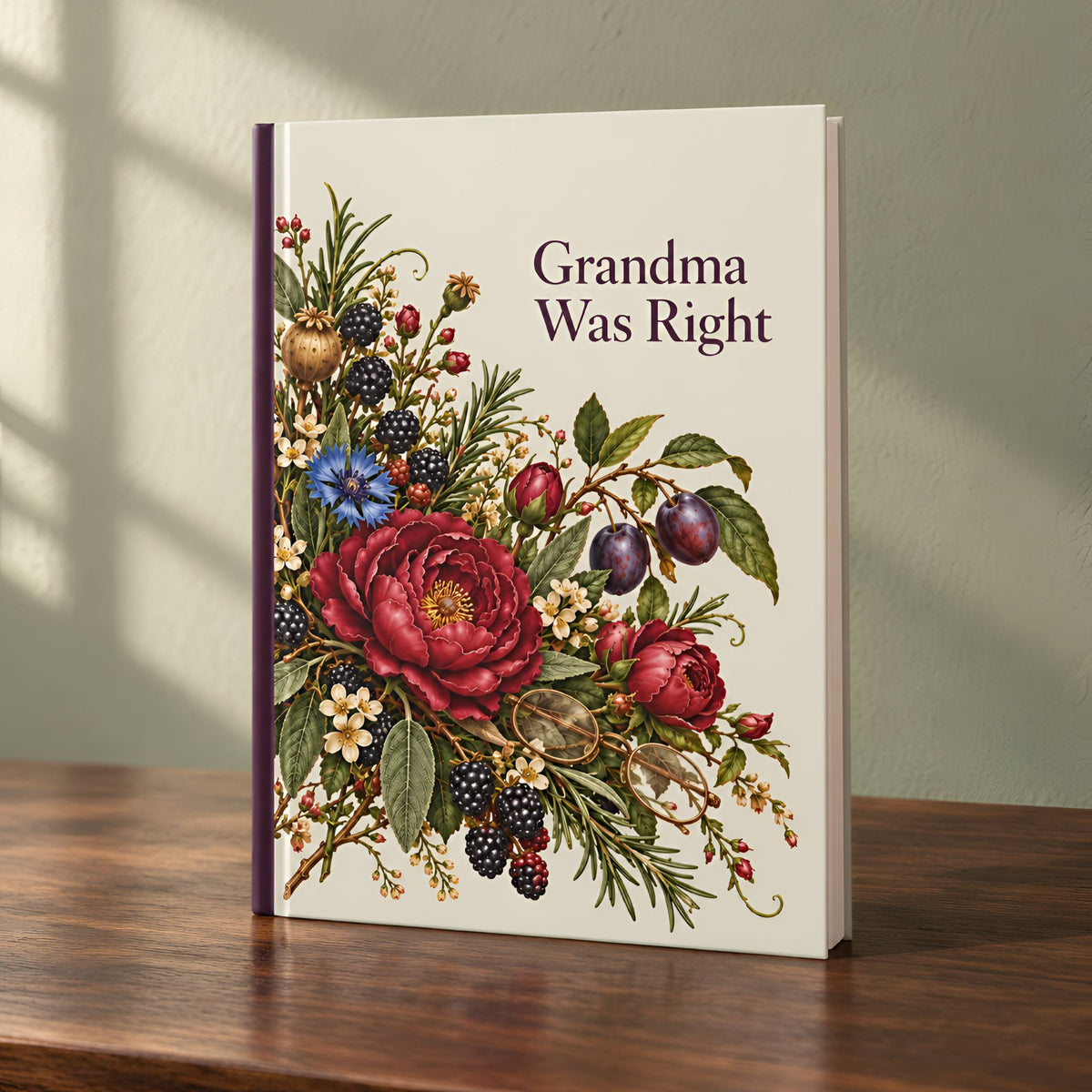 A hardcover flower journal titled 'Grandma Was Right' standing upright on a wooden table against a textured wall with soft window shadows. The cover features an off-white background with a detailed botanical illustration of red flowers, berries, and green leaves on the left side.