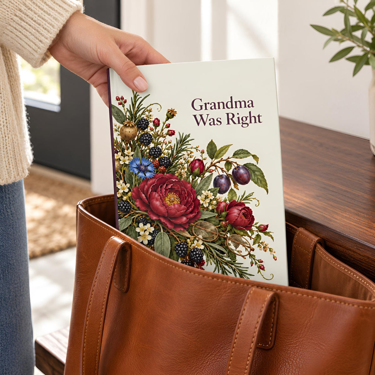 A person holds a journal titled "Grandma Was Right" with a colorful floral and berry illustration on the cover, placing it into a large brown leather tote bag in a home setting.