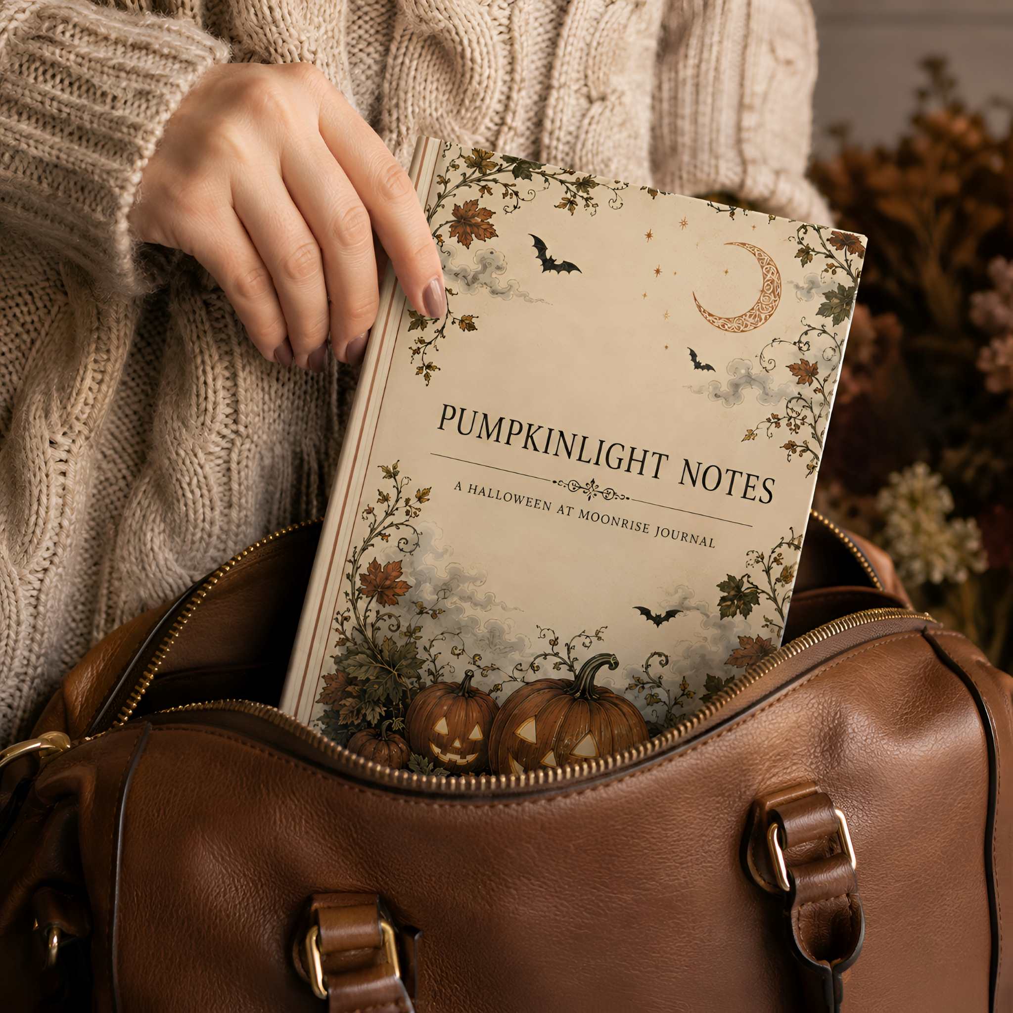 A person in a beige knit sweater holds a brown leather bag open to reveal a Halloween journal titled “Pumpkinlight Notes: A Hallows at Moonrise Journal” with a spooky season cover illustration featuring pumpkins, bats, and a crescent moon.