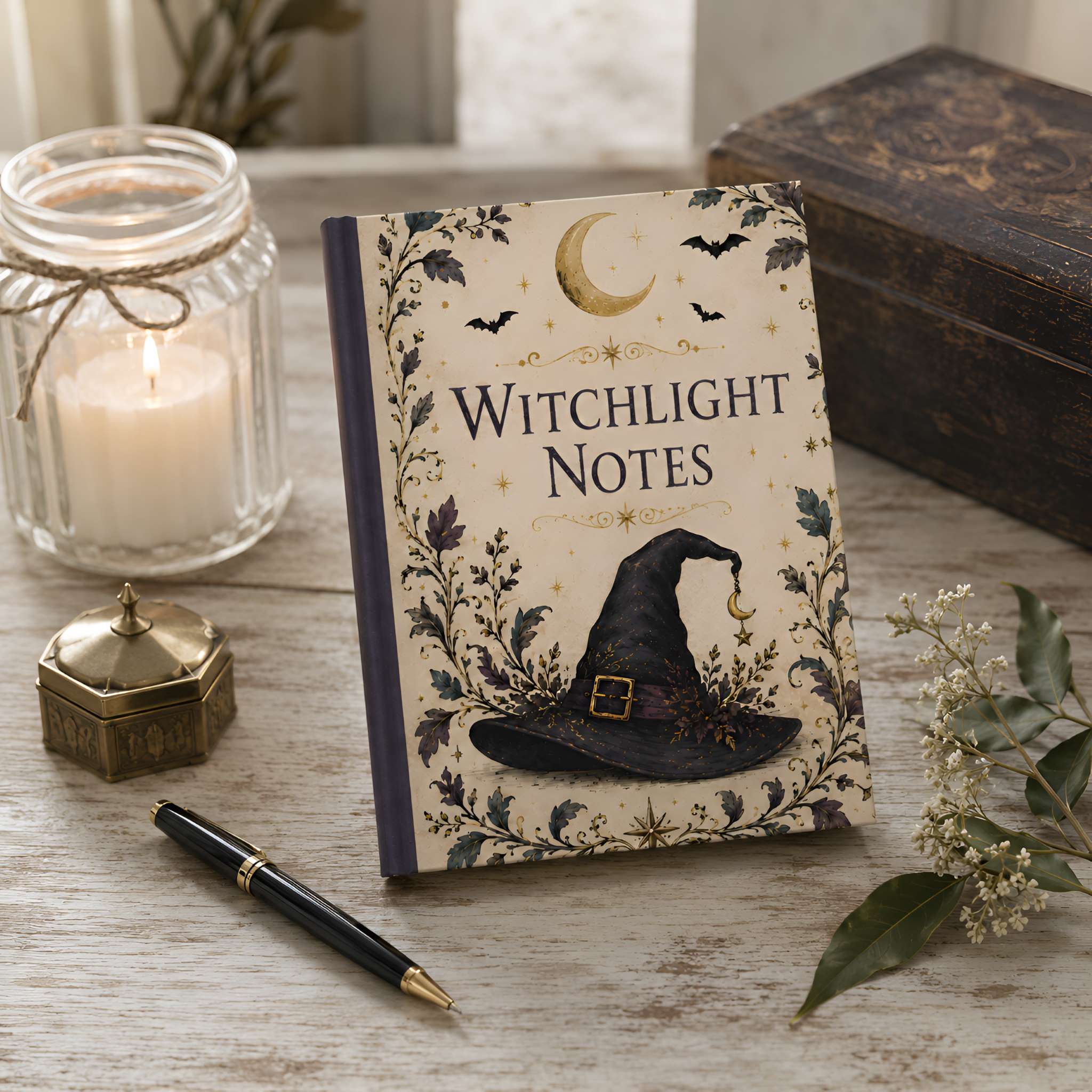 A witch hat journal with a cream cover, floral border, crescent moon, bats, and a black witch hat illustration, styled on a rustic wooden surface with a candle, pen, small box, and dried flowers.