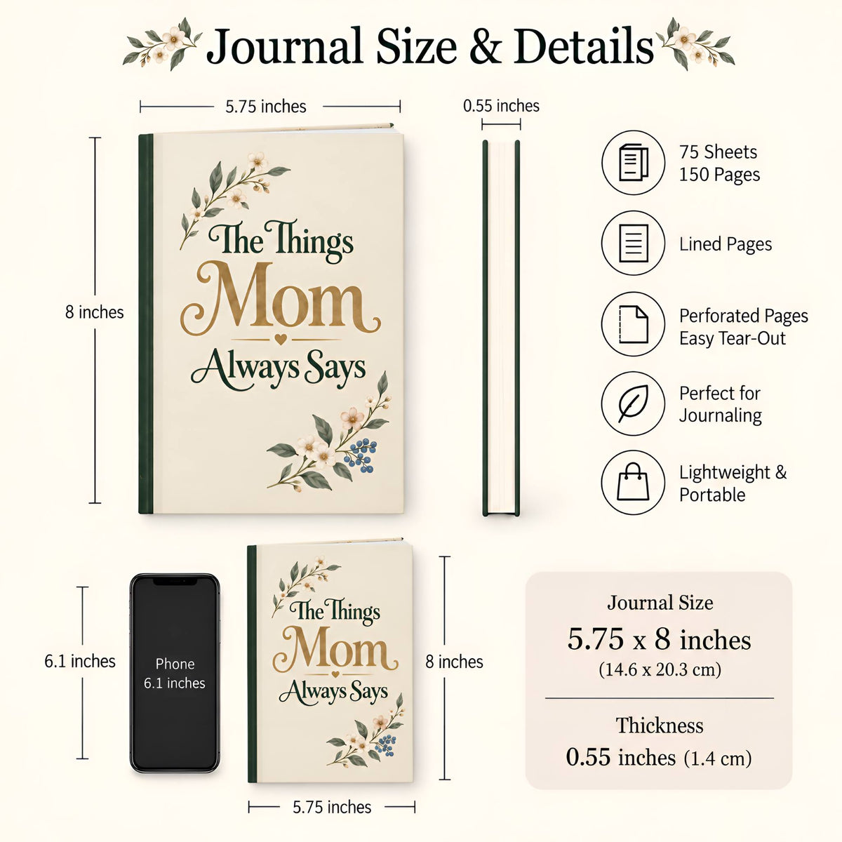 Size and details chart for The Things Mom Always Says hardcover journal: 5.75 × 8 inches, 0.55-inch thick, with 75 sheets, 150 lined pages, and perforated tear-out pages.