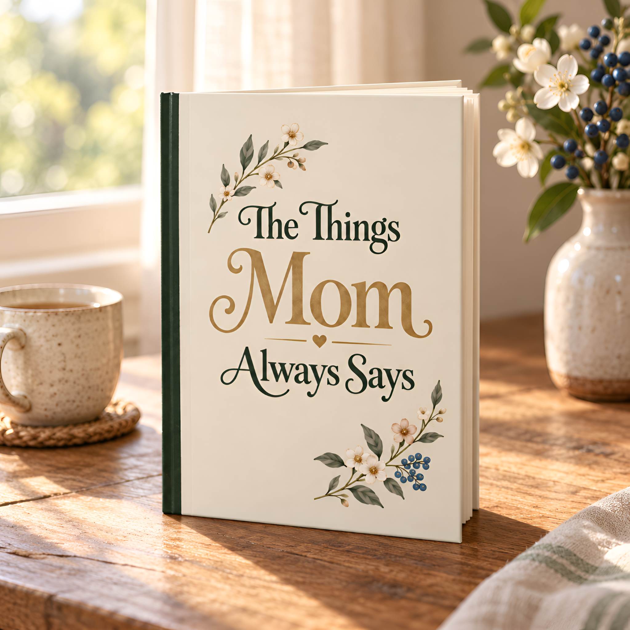 A hardcover journal titled 'The Things Mom Always Says' stands on a wooden table in a warm, sunlit room. The cream-colored cover features elegant gold and dark green lettering with delicate floral illustrations.