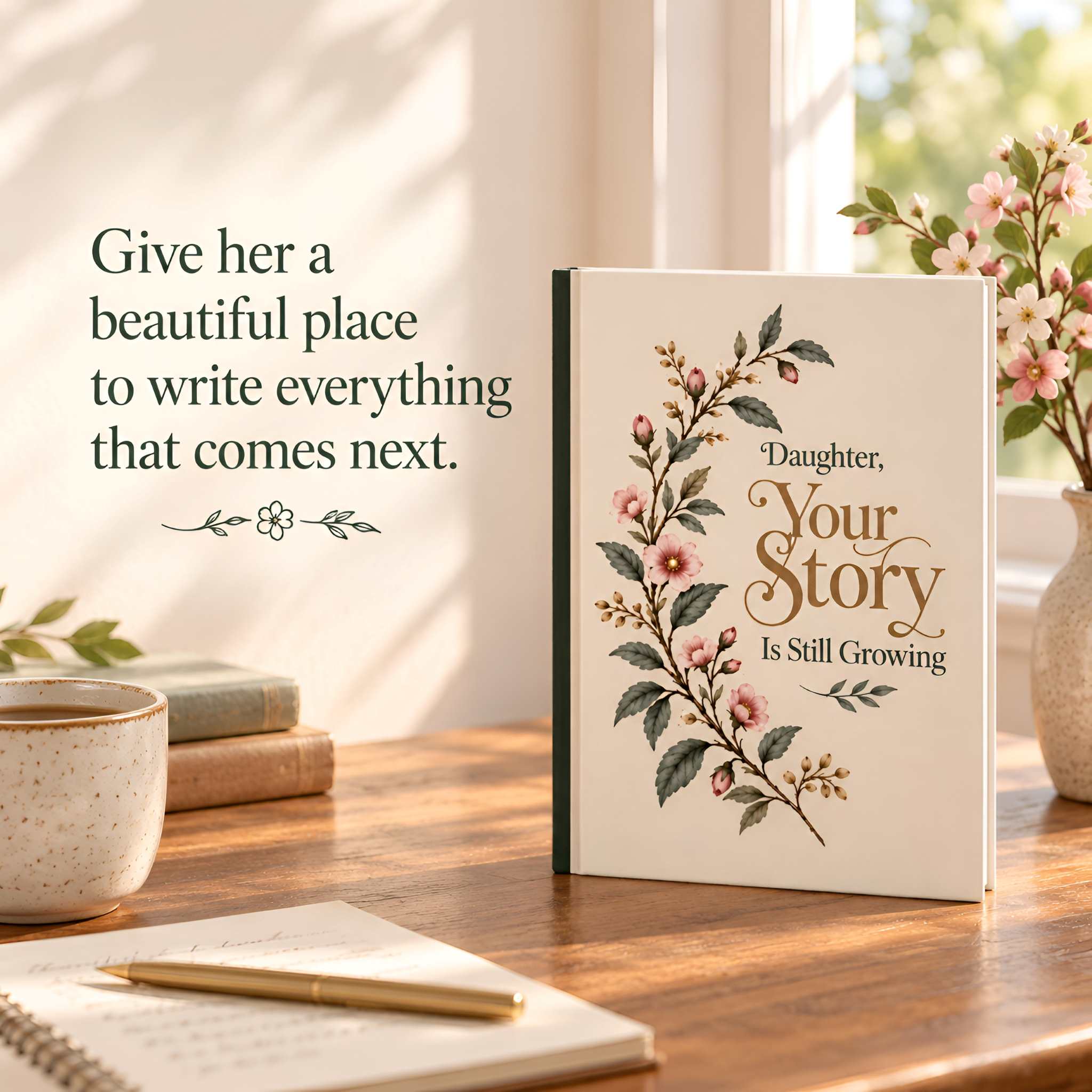 A floral journal gift for daughter standing open on a wooden table in a sunlit room, with the cover reading “Daughter, Your Story Is Still Growing.” Decorative flowers, a mug, books, and a notebook are around it.