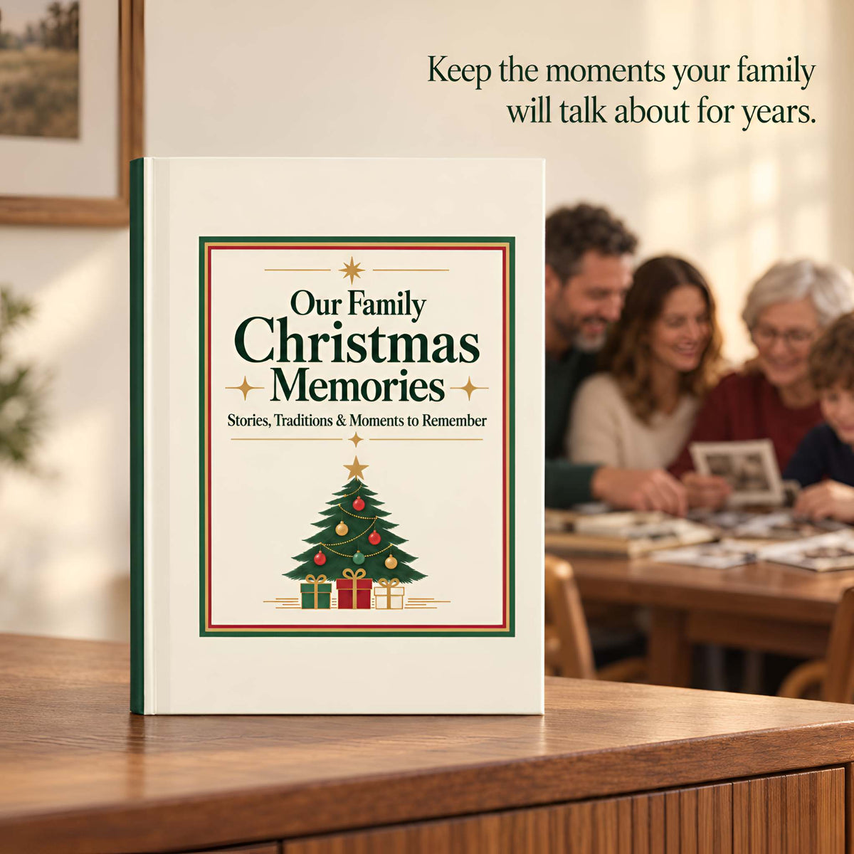 A hardcover journal titled "Our Family Christmas Memories" stands open on a wooden table in a warmly lit living room.