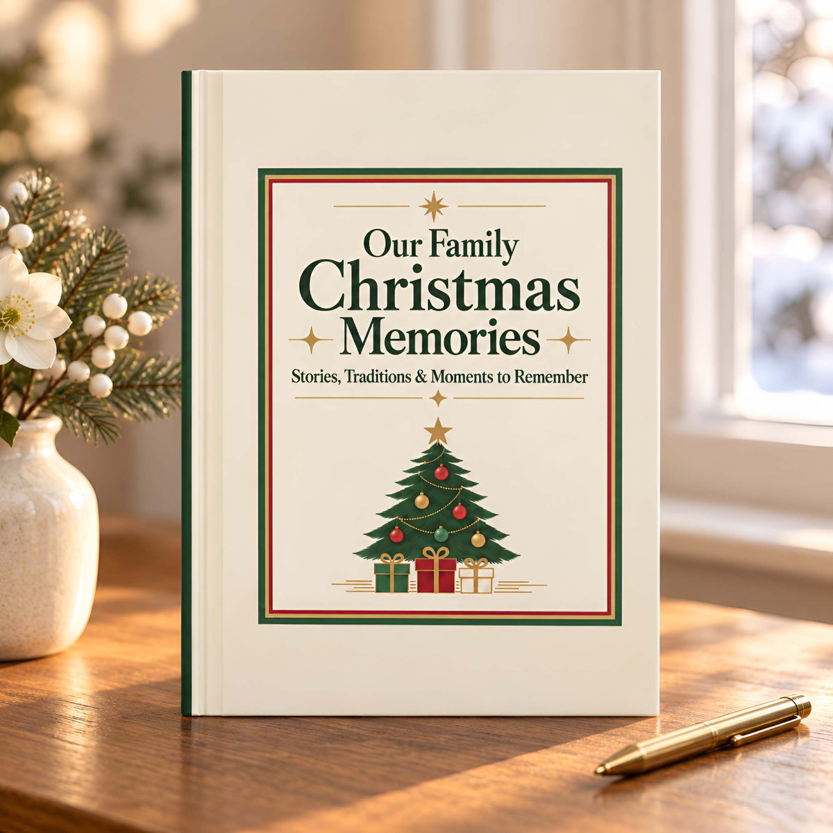 A hardcover family Christmas memory journal standing on a wooden table, with a vase of white flowers and a gold pen nearby. The cover reads 'Our Family Christmas Memories' with a decorated Christmas tree illustration.