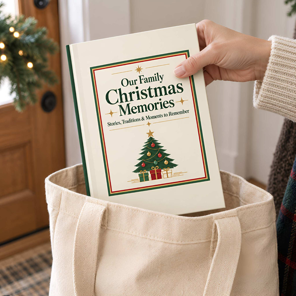 A hand holds a hardcover book titled "Our Family Christmas Memories" above a large beige canvas tote bag in a cozy indoor setting with a wooden door and holiday greenery in the background.