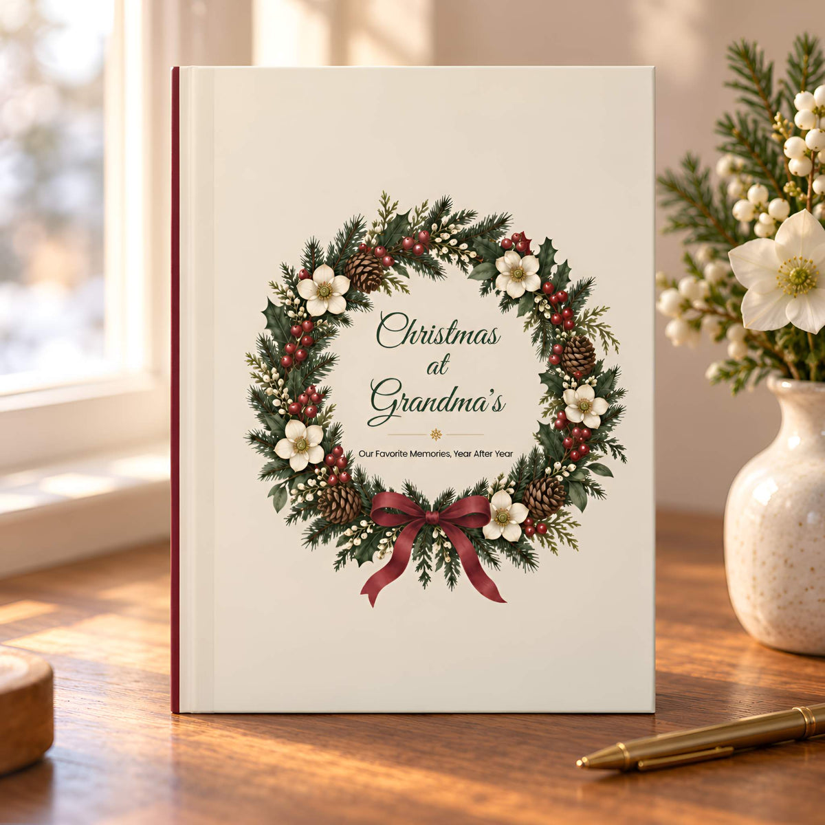 A hardcover journal titled 'Christmas at Grandma's' stands open on a wooden table, featuring a festive wreath illustration with red berries, pinecones, white flowers, and a red bow.