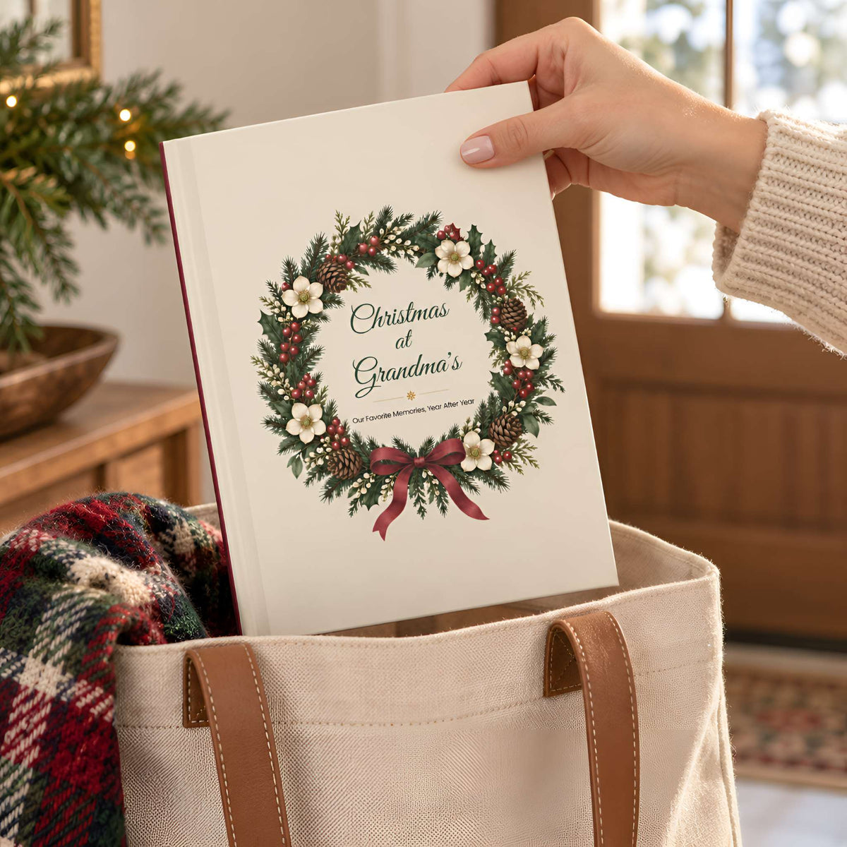 A hand holds a cream journal titled "Christmas at Grandma's" with a festive wreath illustration on the cover, placing it into a beige canvas tote bag with brown handles. The scene is set in a warm, decorated indoor environment.