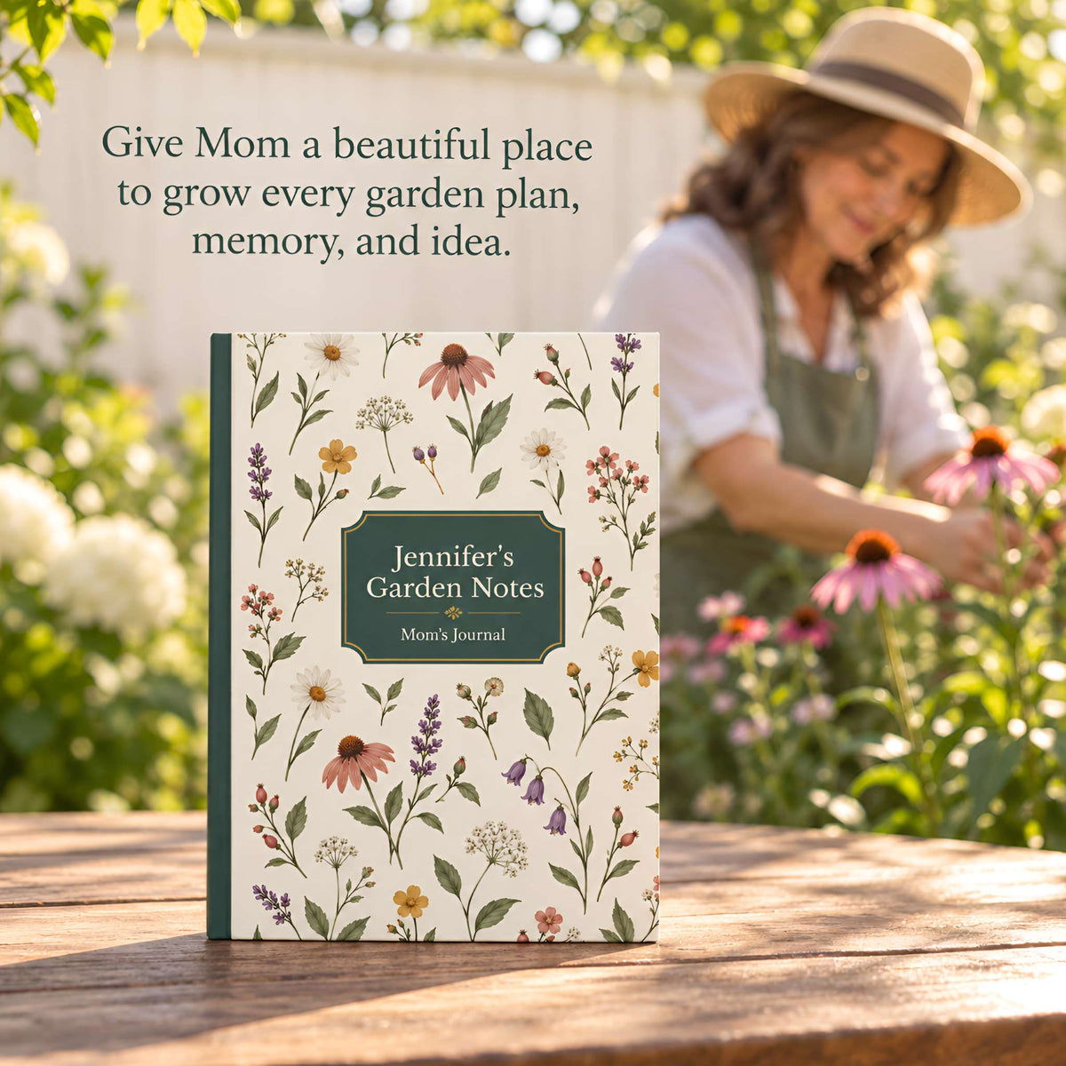 A floral garden-themed journal titled custom name 'Garden Notes' stands on a wooden table in a sunny garden, with a woman gardening in the blurred background and the text 'Give Mom a beautiful place to grow every garden plan, memory, and idea.'.