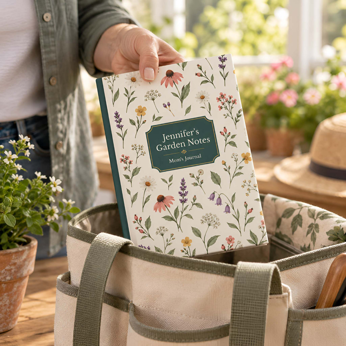 A person holds a floral-patterned custom name journal that says 'Garden Notes" above a canvas tote bag in a sunlit garden setting.
