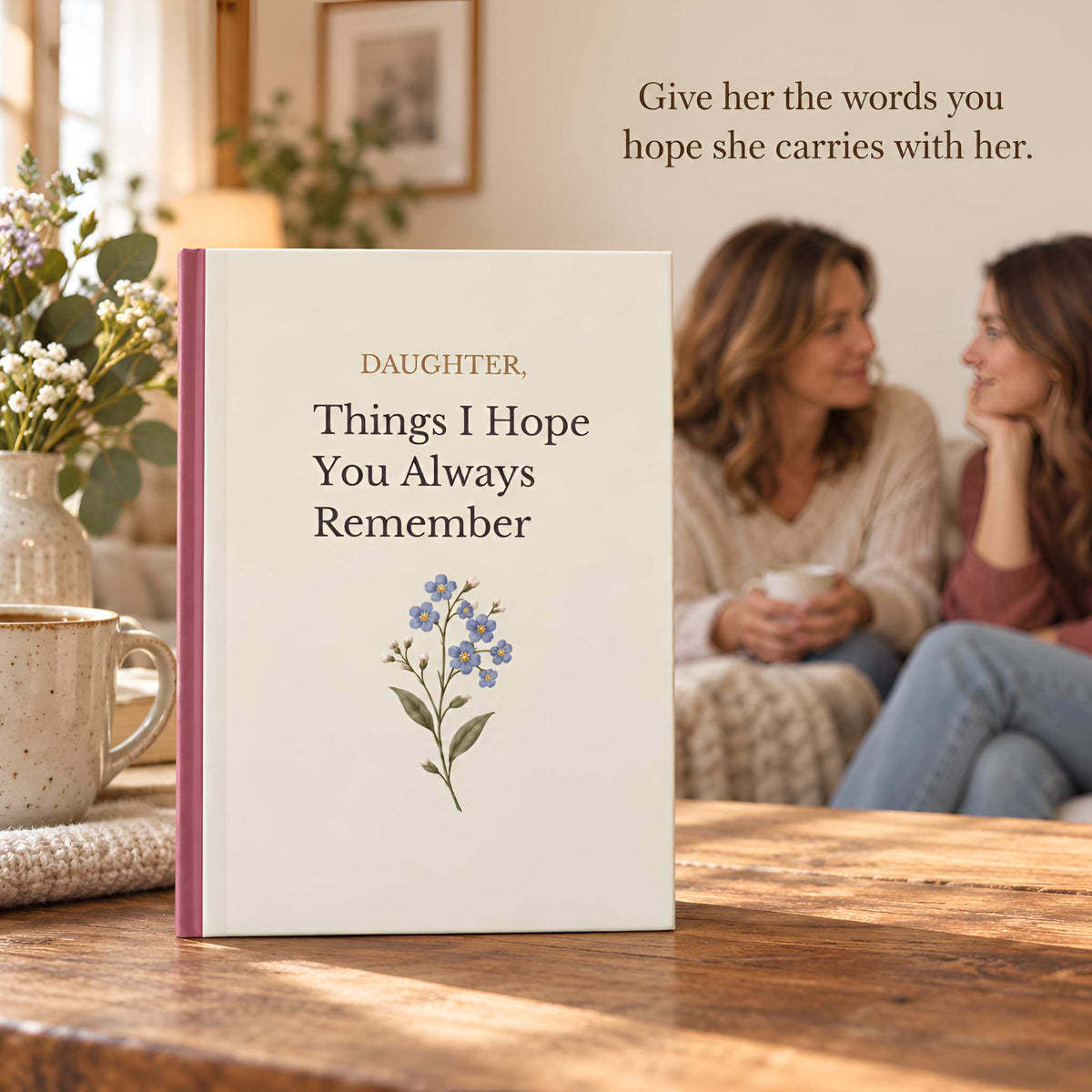 A hardcover memory keepsake book titled 'DAUGHTER, Things I Hope You Always Remember' stands open on a wooden table in a warm, cozy living room setting. Two women are seated in the background, smiling and talking.