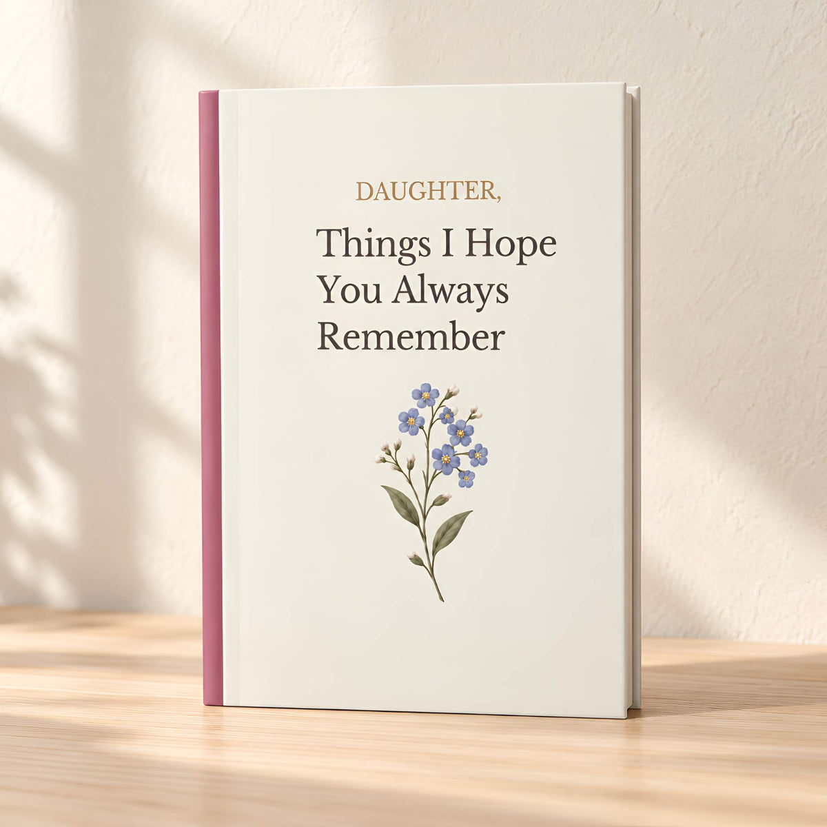 A hardcover book standing upright on a light wood surface against a textured beige wall, with soft window shadows. The cover is off-white with the title 'DAUGHTER, Things I Hope You Always Remember' in dark brown text and a small blue forget-me-not floral illustration near the bottom.