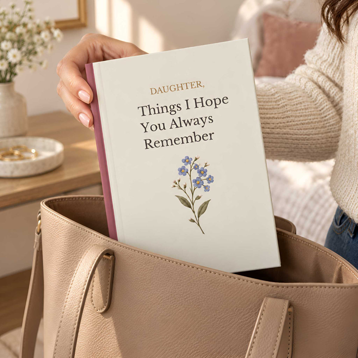 A person holds a cream-colored journal titled 'Things I Hope You Always Remember' with a purple spine, tucked inside a large beige tote bag. The scene is set in a warm, softly lit room with a wooden table and flowers.