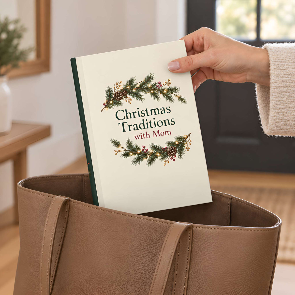 A hand holds a lined writing journal titled "Christmas Traditions with Mom" above a large tan tote bag in a softly lit indoor setting.