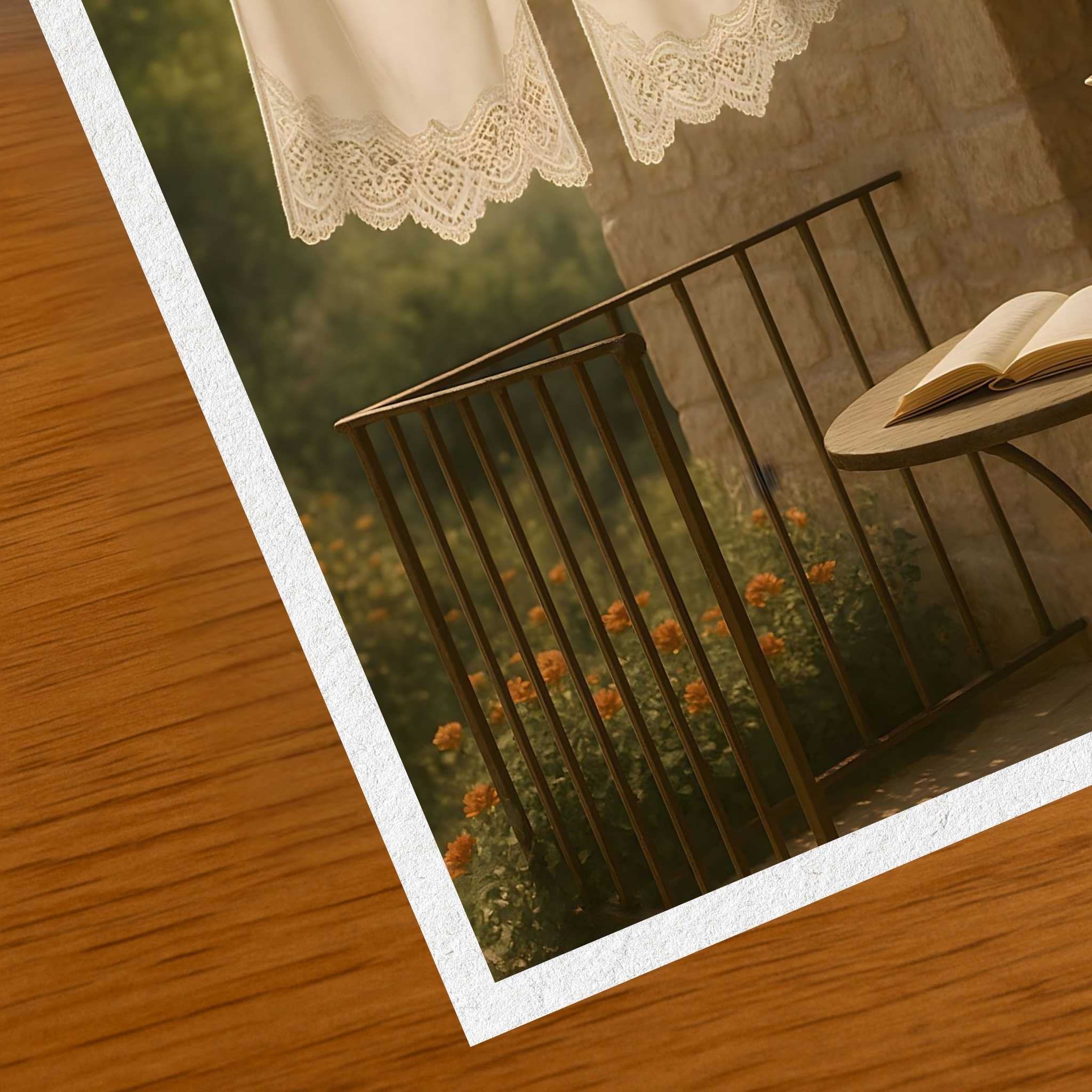 A close up of a fine art print showing a brick cottage with orange flowers, a table with a book sitting on it and two linens hanging from a clothing line.