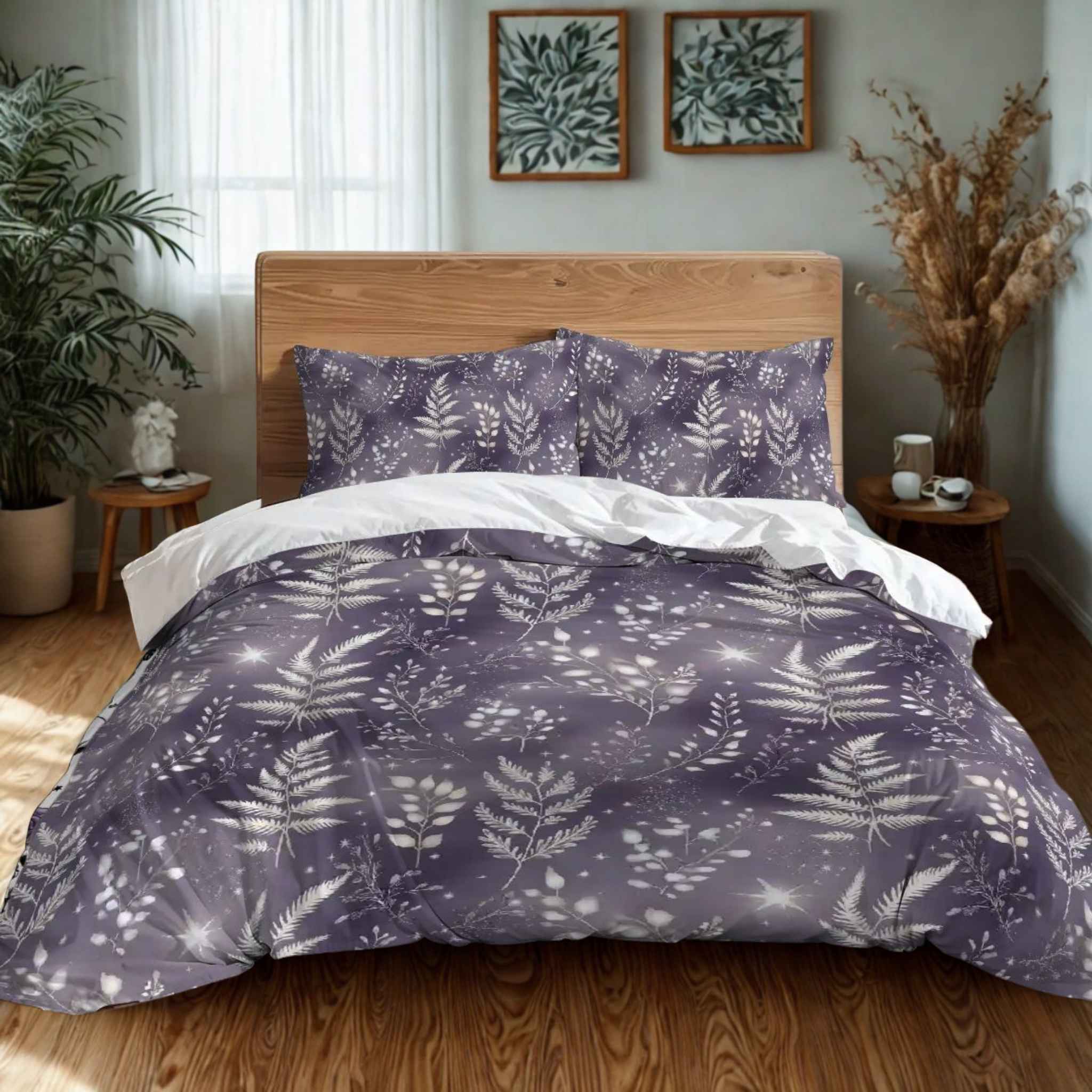 A duvet cover set with a purple and silver botanical pattern against a lavender background, in a room with plants, a window, and wood floors.