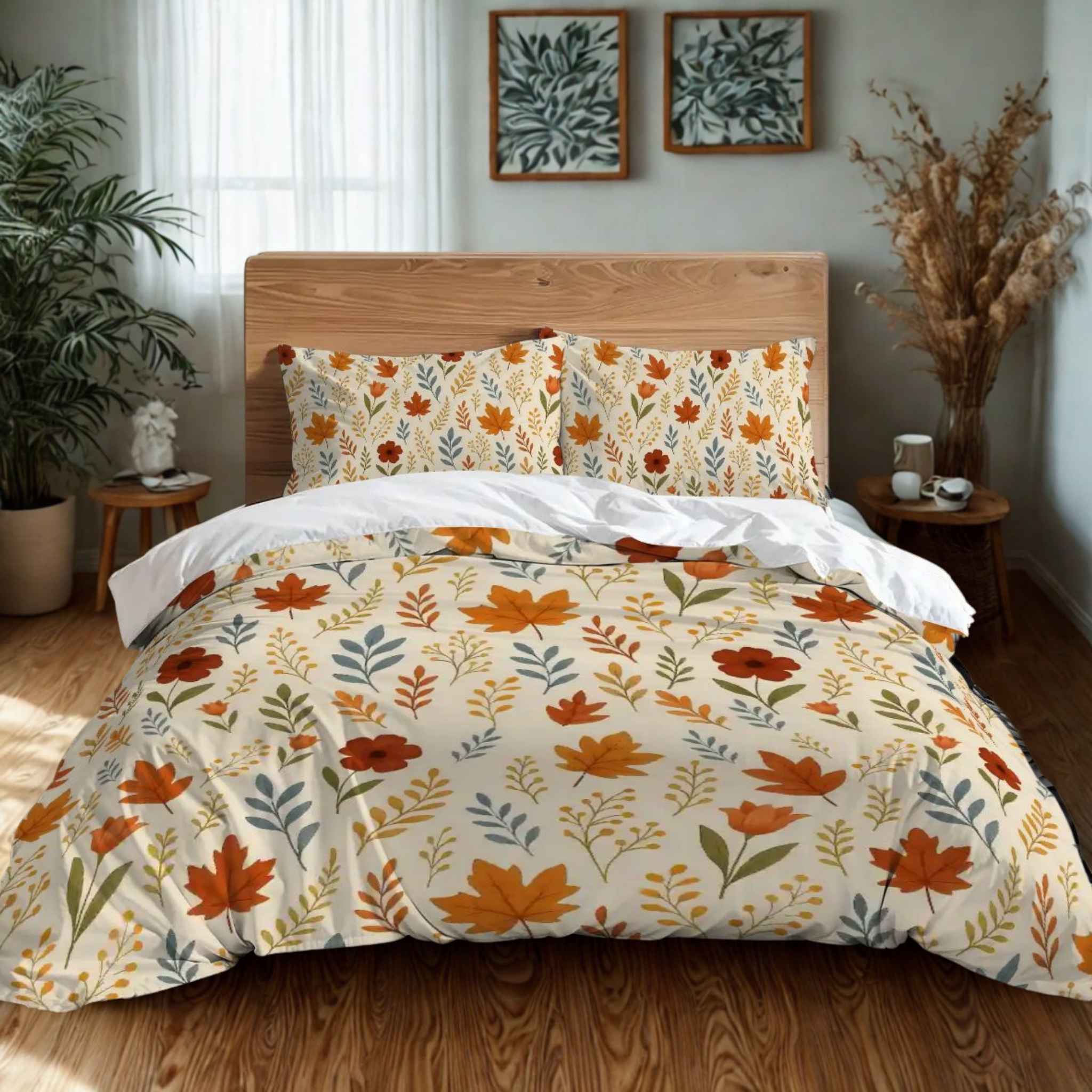 Autumn bedding in cozy bedroom. floral duvet cover and pillows in a bedroom setting.